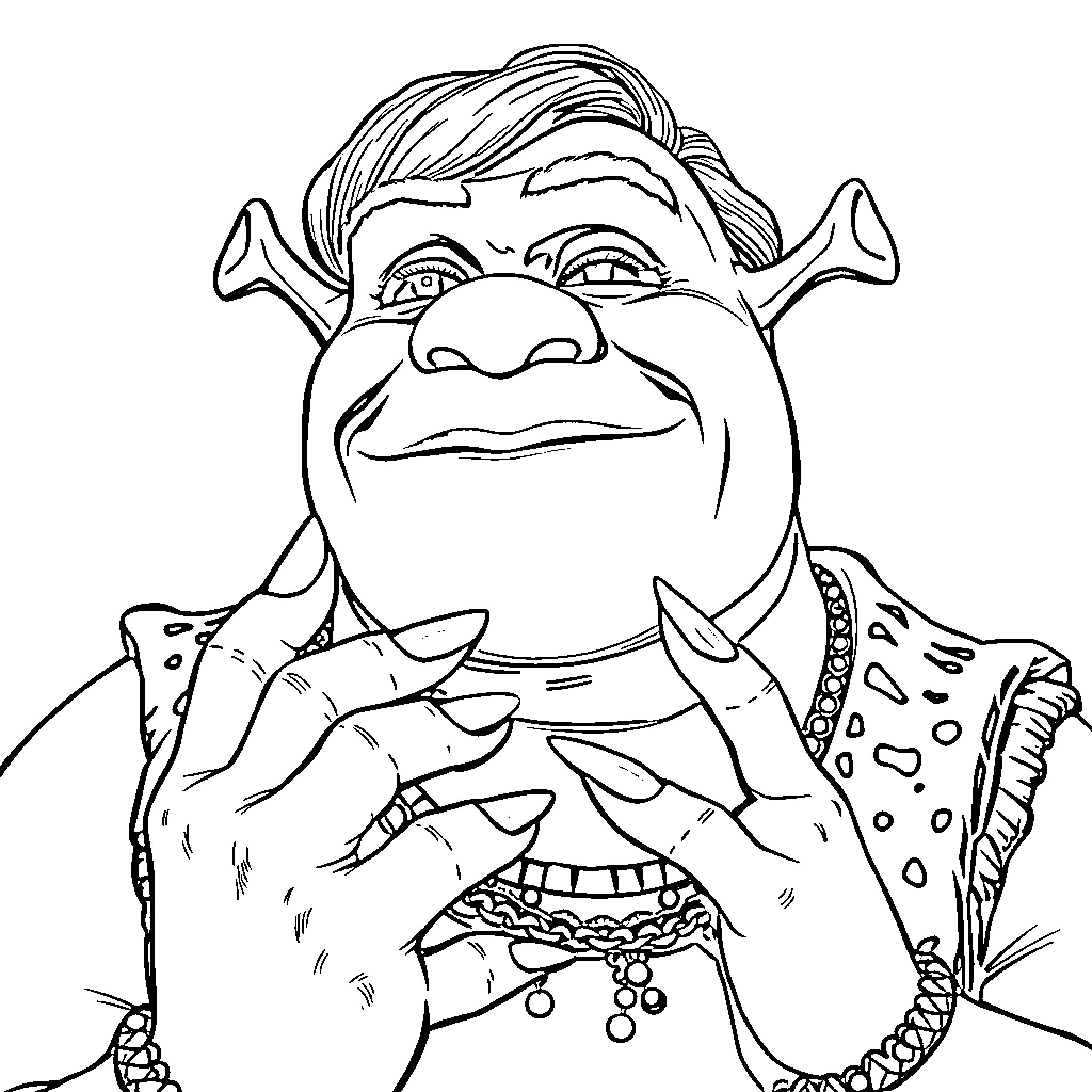 Shrek's Cheerful Expression and Quirky Attire Coloring Page (free black-and-white line drawing printable PDF for all, from beginners to advanced learners, including children, teens, adults, and seniors)