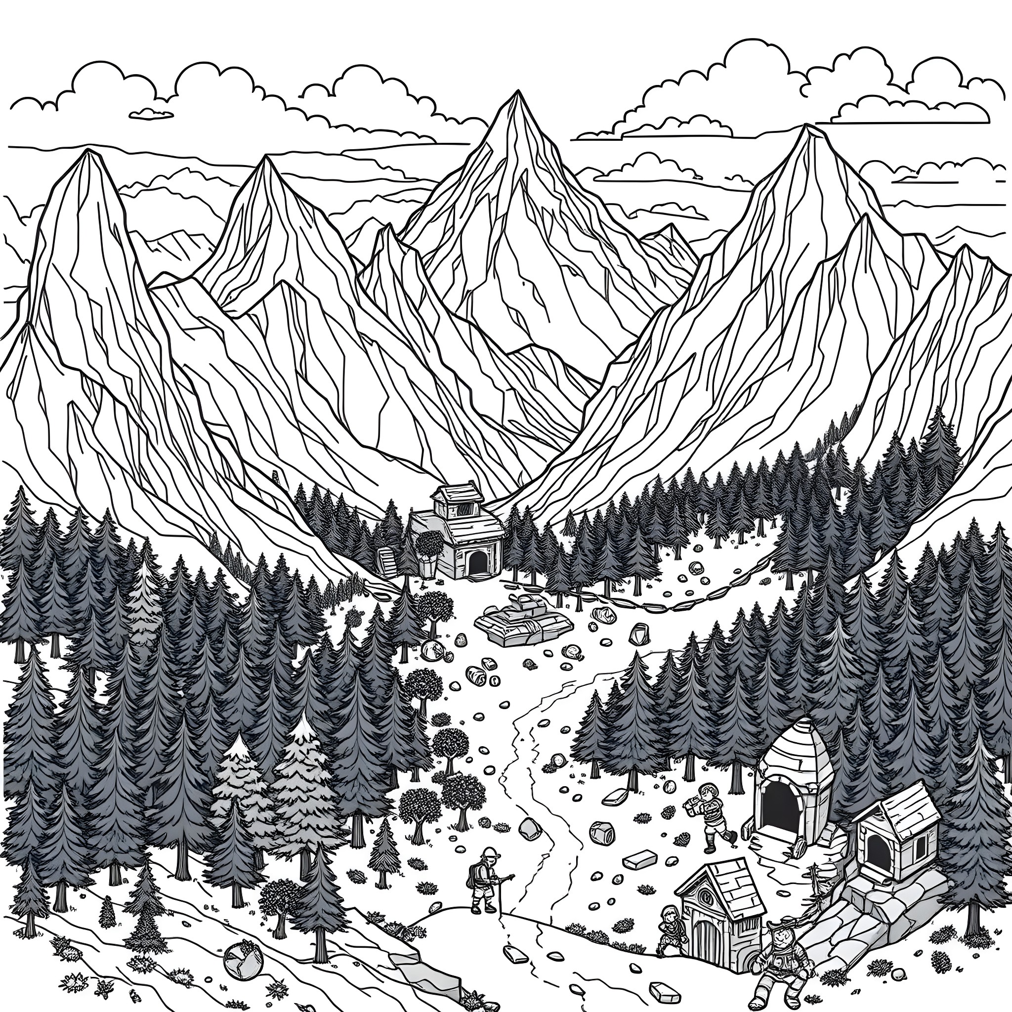 Minecraft mountainous landscape with village and structures Coloring Page (free black-and-white line drawing printable PDF for all, from beginners to advanced learners, including children, teens, adults, and seniors)