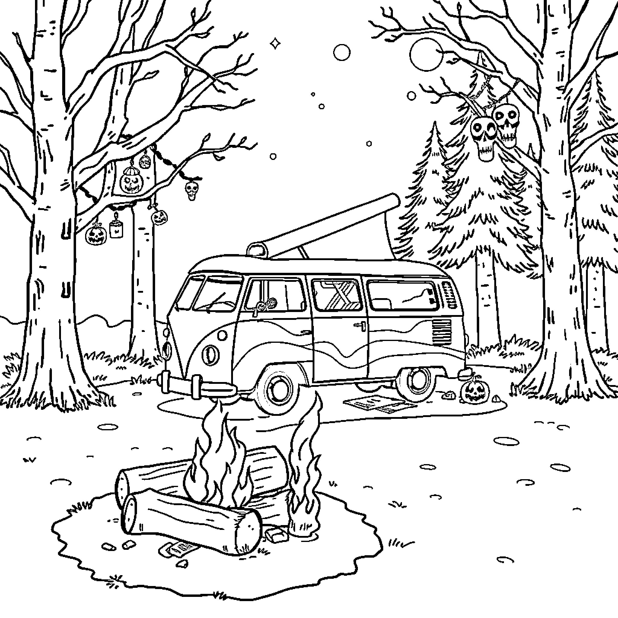 Campervan enjoying a cozy autumn night in the forest Coloring Page (free black-and-white line drawing printable PDF for all, from beginners to advanced learners, including children, teens, adults, and seniors)