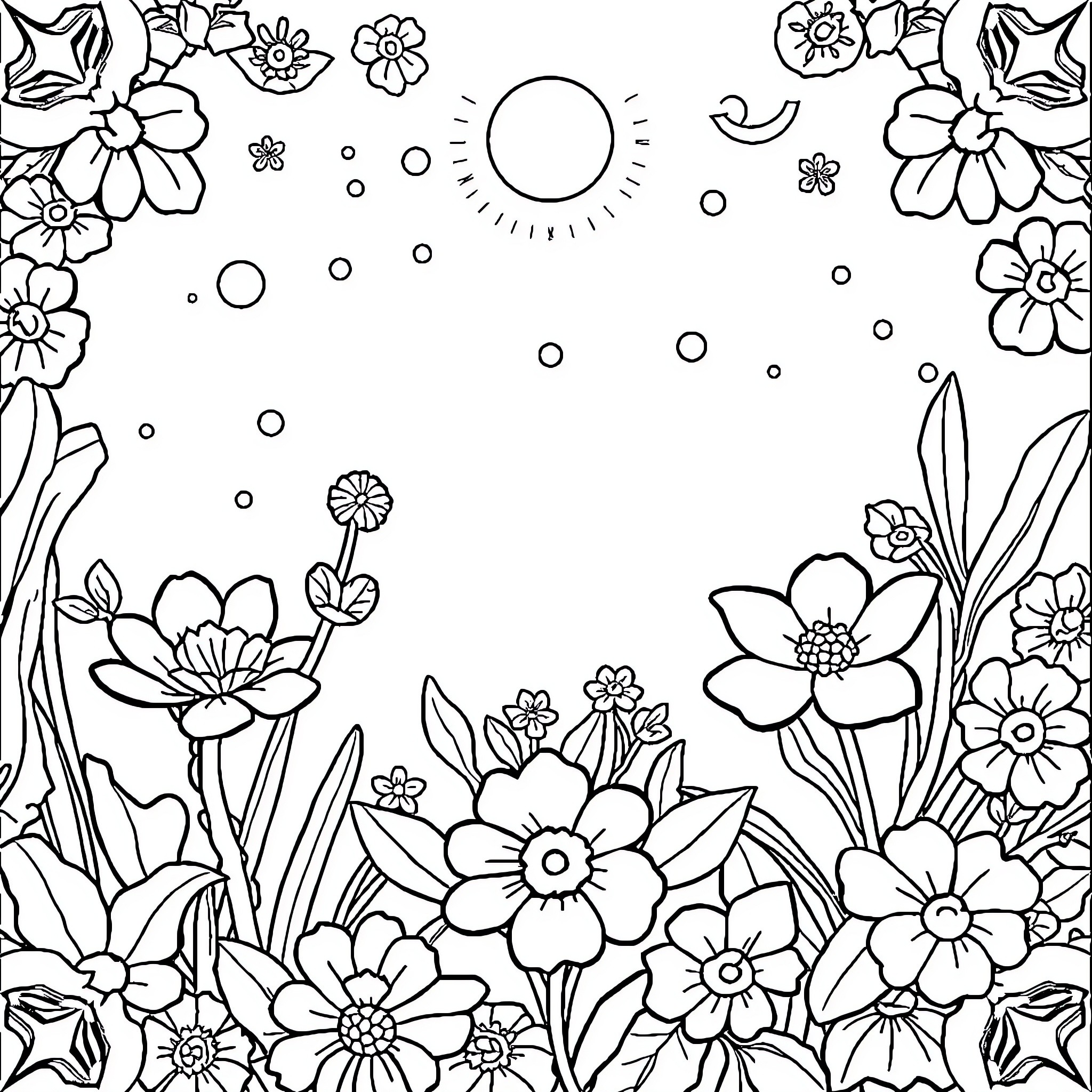 Mandalas of Whimsical Floral Scenes Coloring Page (free black-and-white line drawing printable PDF for all, from beginners to advanced learners, including children, teens, adults, and seniors)