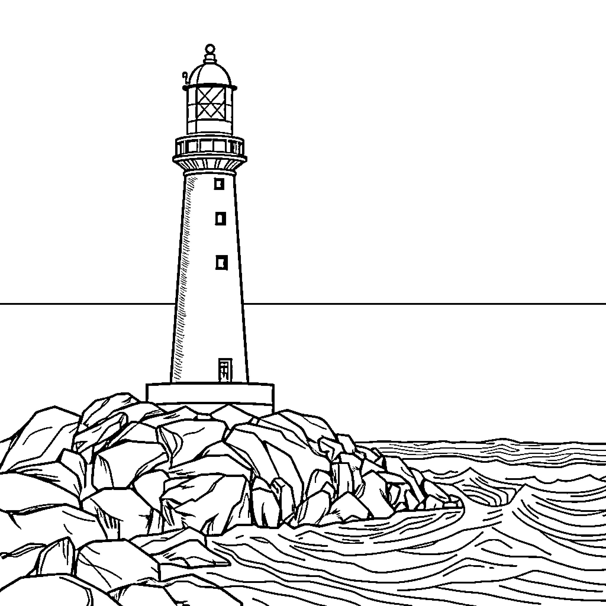Lighthouse standing tall on rocky coastline Coloring Page (free black-and-white line drawing printable PDF for all, from beginners to advanced learners, including children, teens, adults, and seniors)
