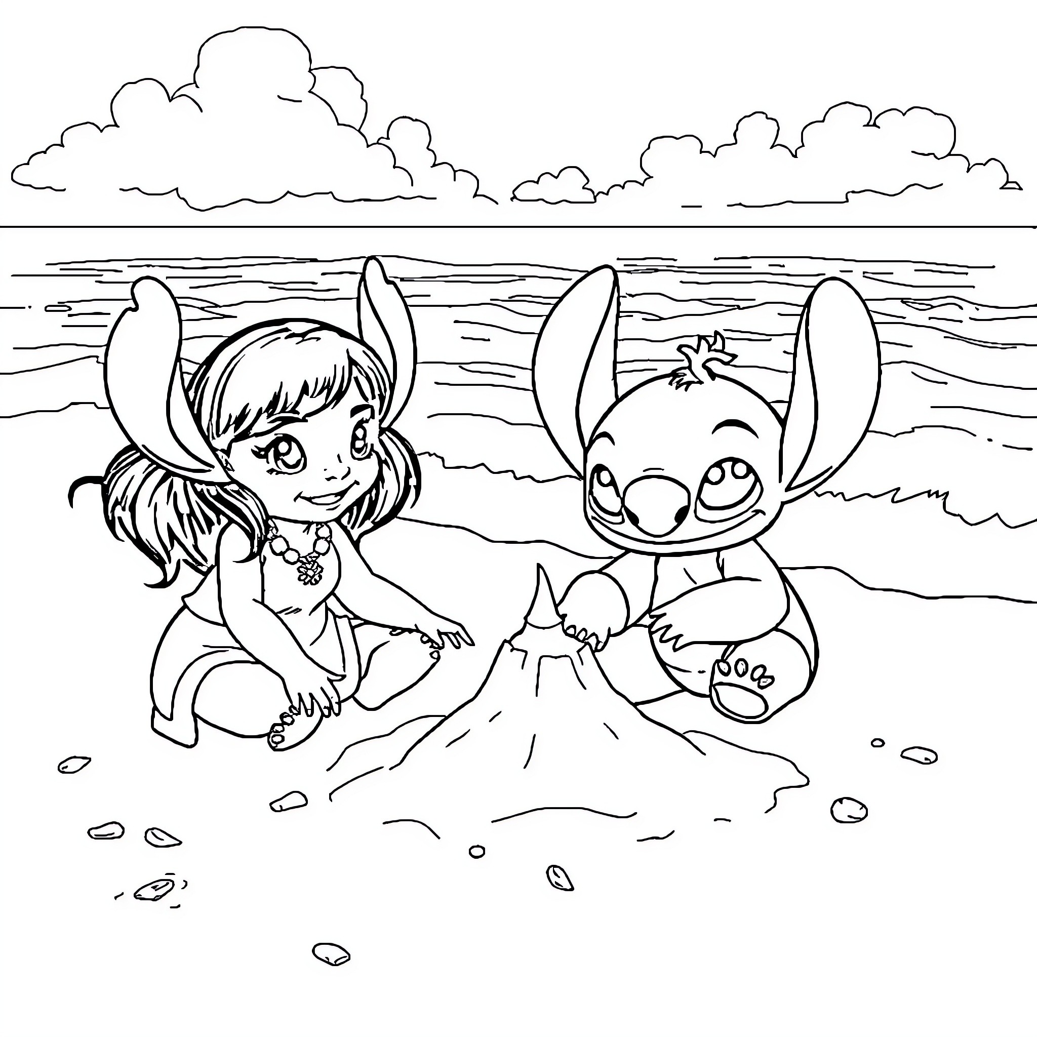 Lilo And Stitch playing on the beach Coloring Page (free black-and-white line drawing printable PDF for all, from beginners to advanced learners, including children, teens, adults, and seniors)