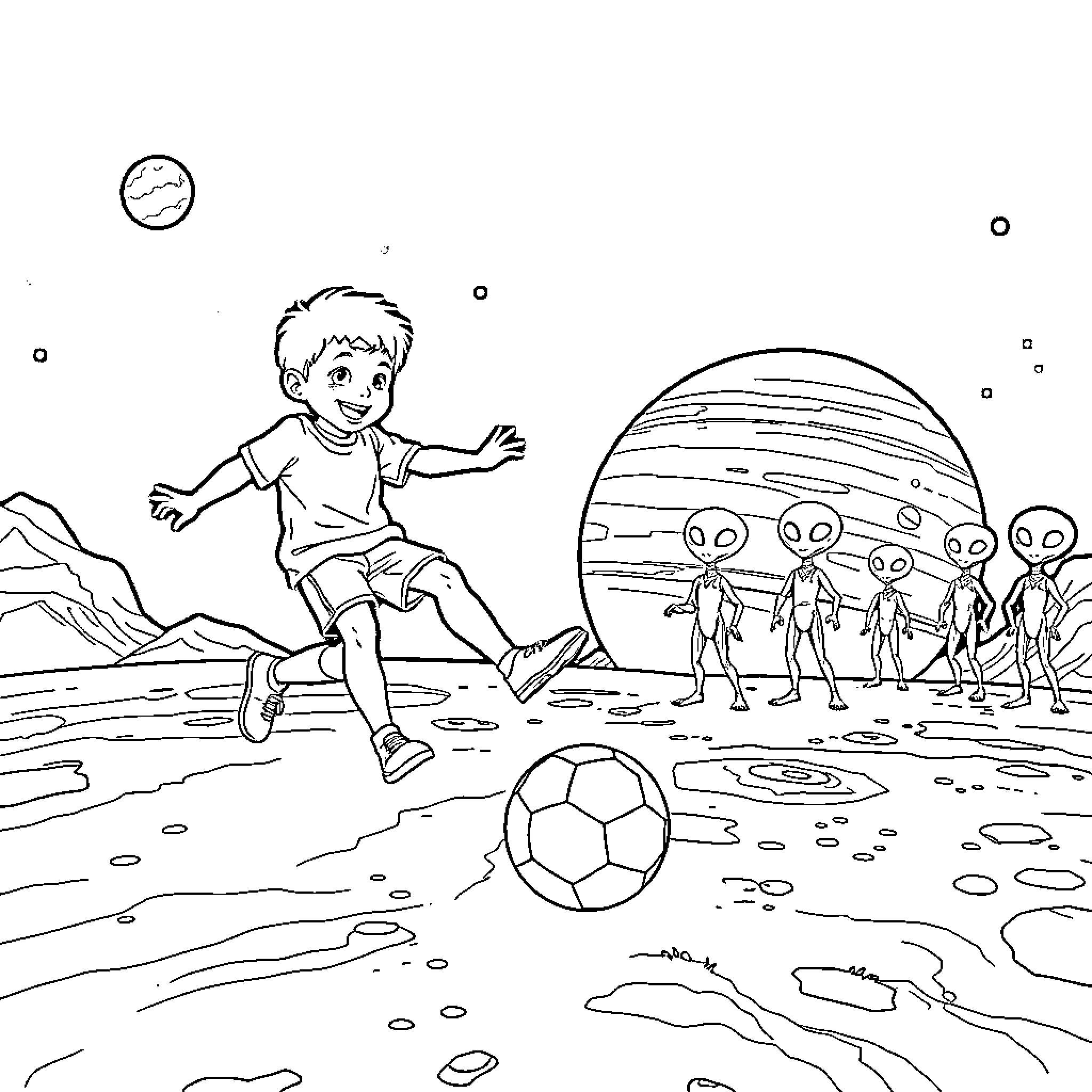 Boy playing soccer with alien creatures in space Coloring Page (free black-and-white line drawing printable PDF for all, from beginners to advanced learners, including children, teens, adults, and seniors)
