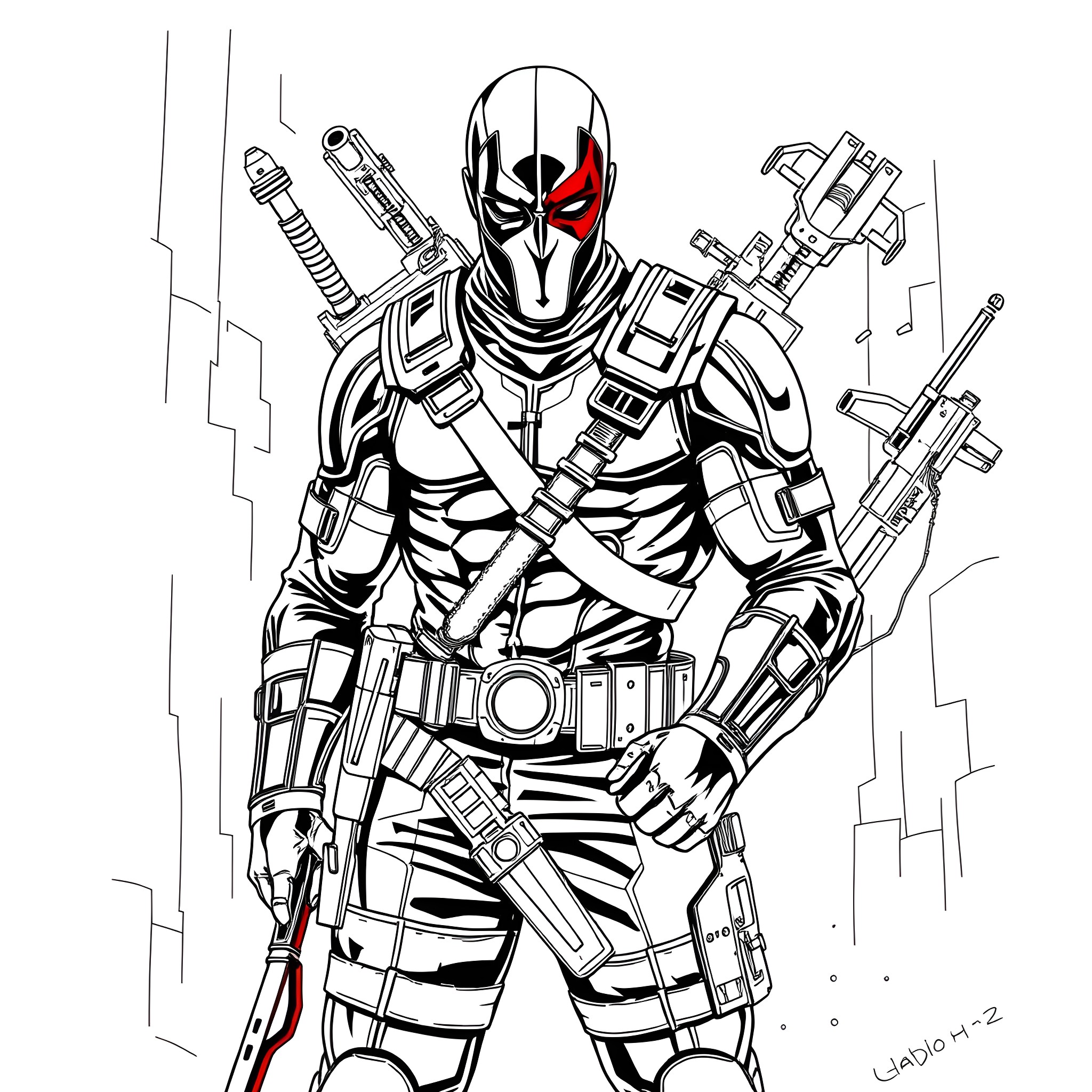 Deathstroke's Deadly Armored Assault Coloring Page (free black-and-white line drawing printable PDF for all, from beginners to advanced learners, including children, teens, adults, and seniors)