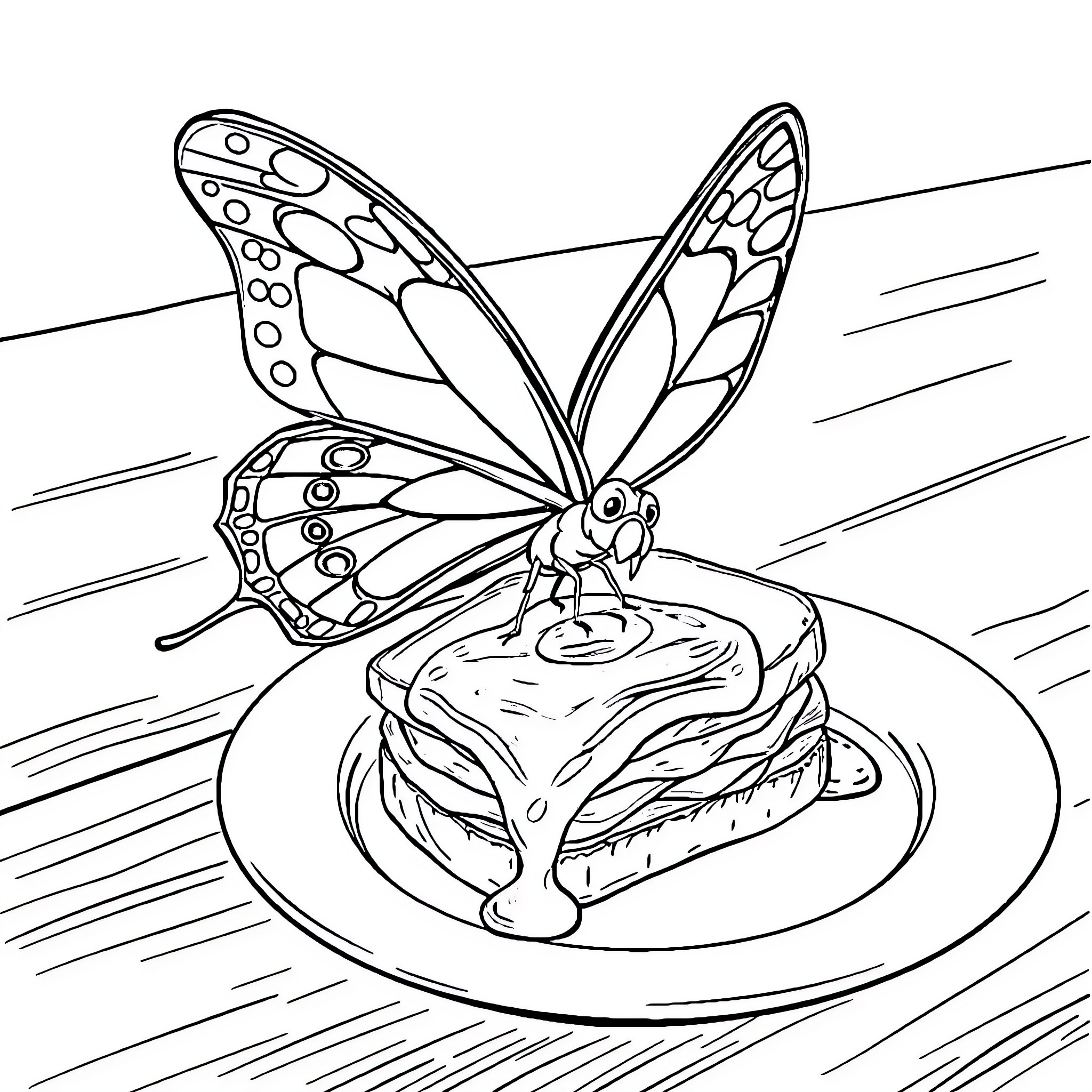 Butterfly Visiting a Delightful Dessert Coloring Page (free black-and-white line drawing printable PDF for all, from beginners to advanced learners, including children, teens, adults, and seniors)