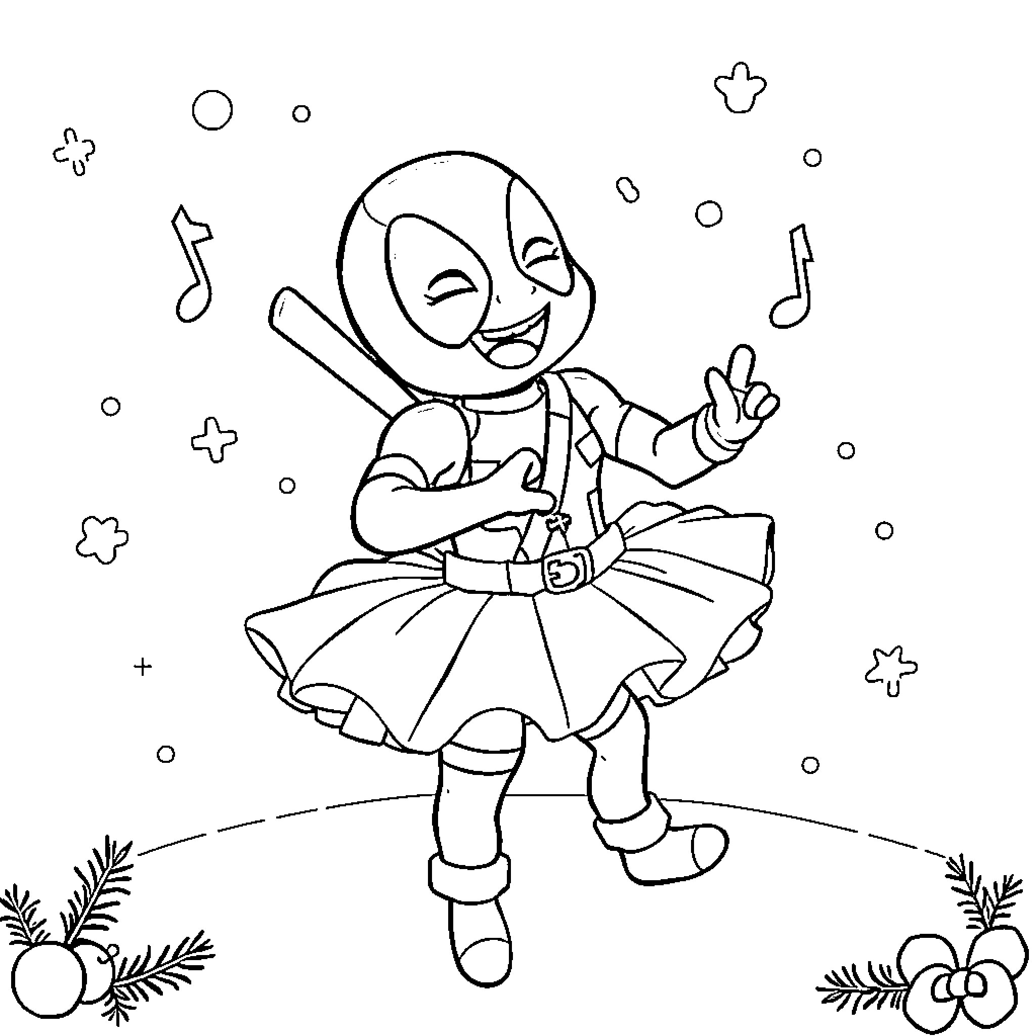 Deadpool dancing merrily with musical notes Coloring Page (free black-and-white line drawing printable PDF for all, from beginners to advanced learners, including children, teens, adults, and seniors)