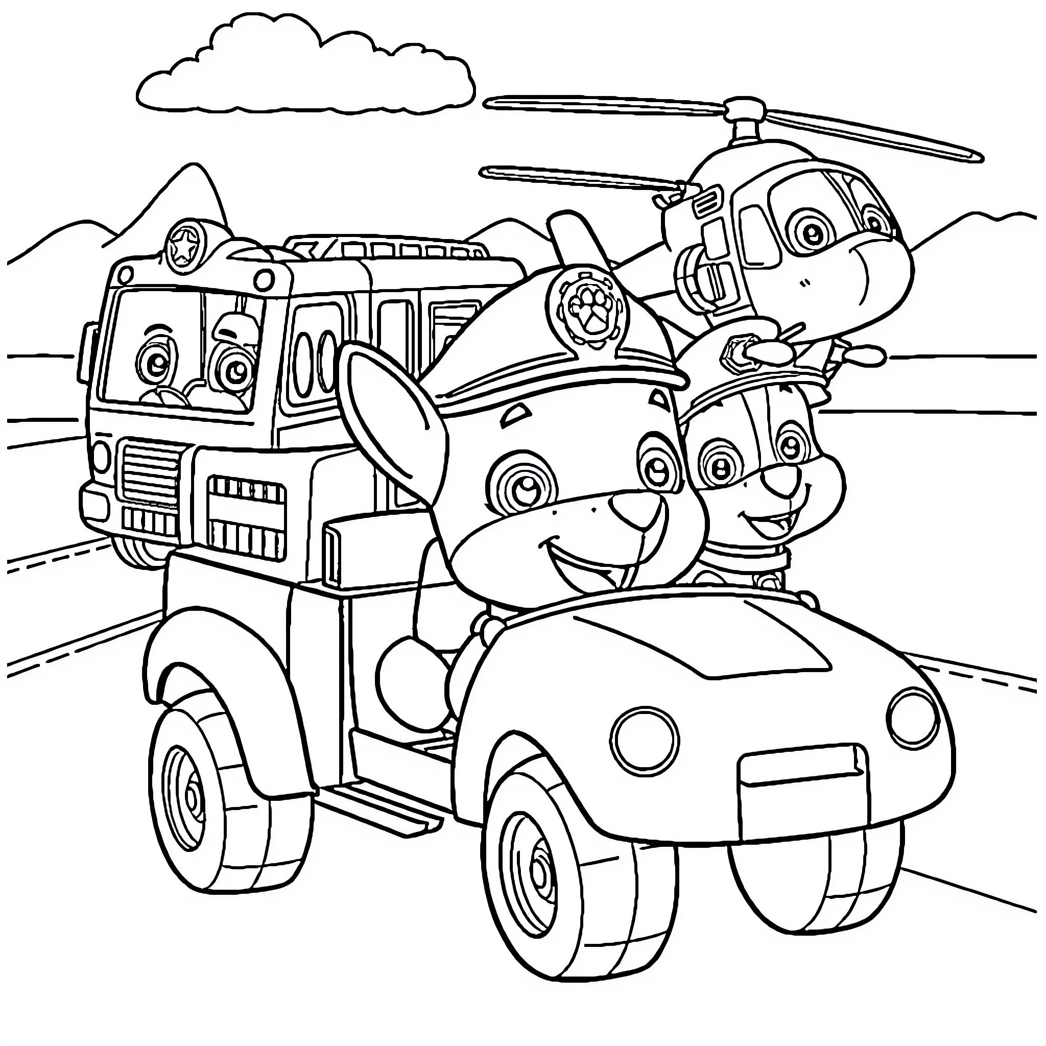 Paw Patrol characters in action-packed adventure Coloring Page (free black-and-white line drawing printable PDF for all, from beginners to advanced learners, including children, teens, adults, and seniors)