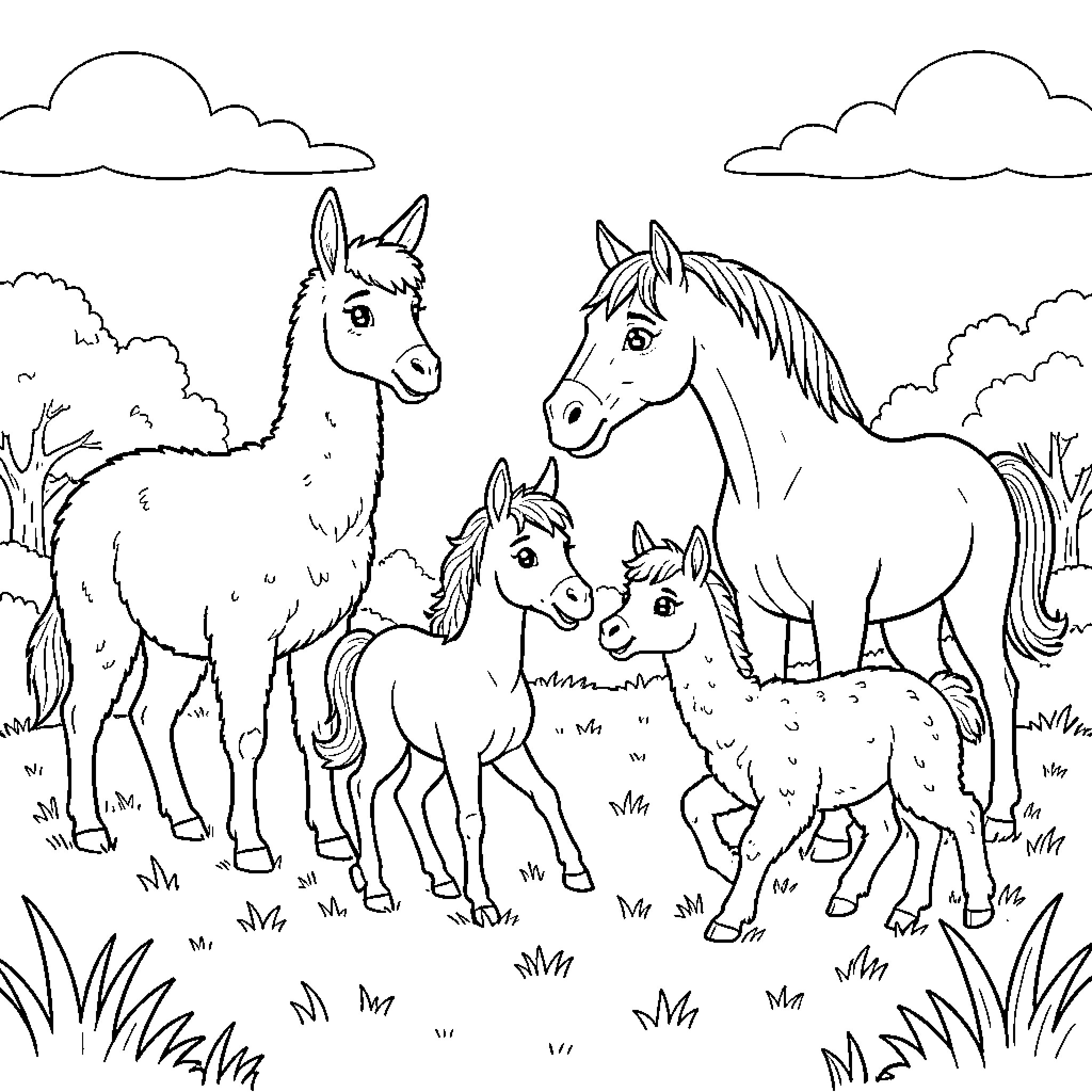 Llama and horses in a pastoral scene Coloring Page (free black-and-white line drawing printable PDF for all, from beginners to advanced learners, including children, teens, adults, and seniors)