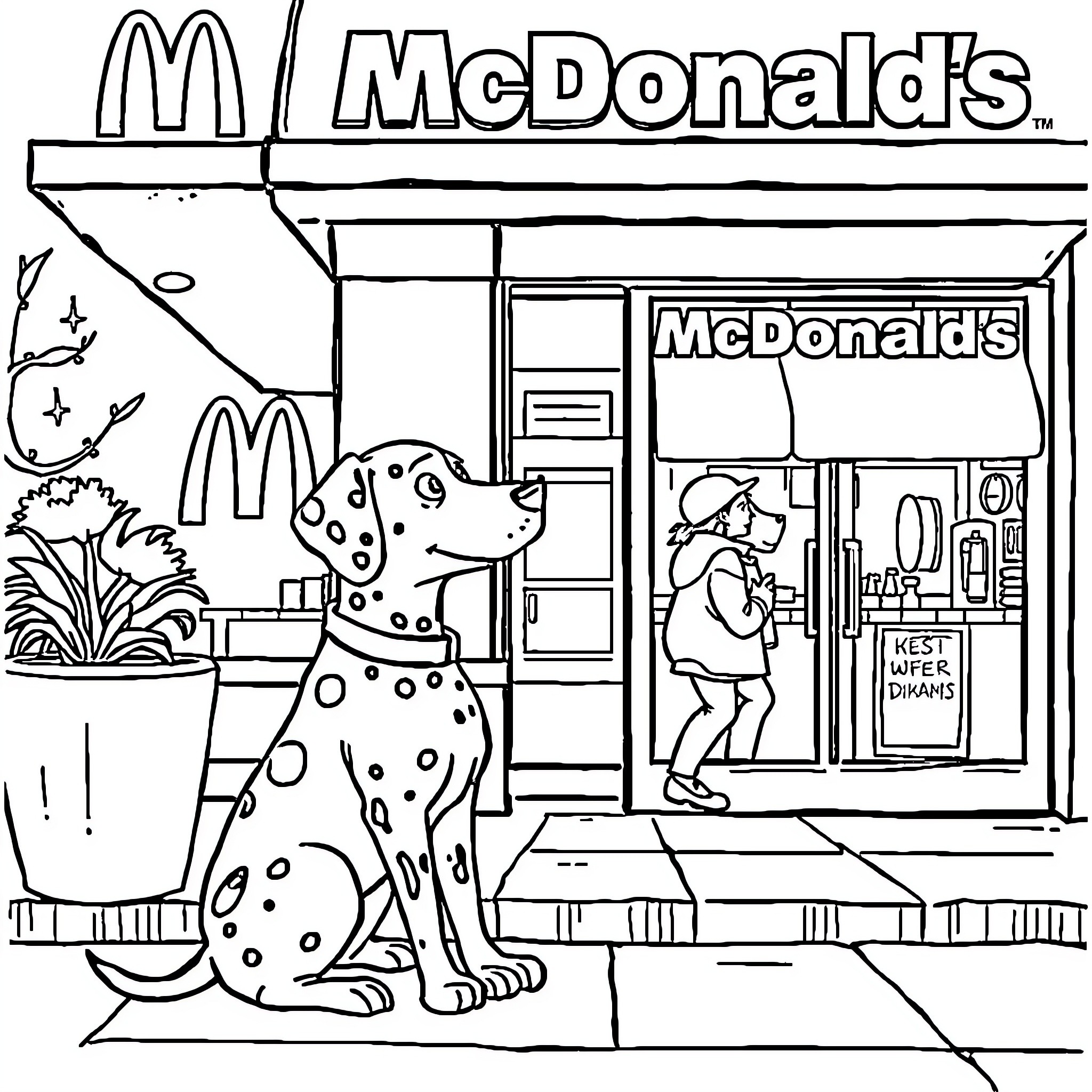 Dalmatian in front of McDonald's restaurant Coloring Page (free black-and-white line drawing printable PDF for all, from beginners to advanced learners, including children, teens, adults, and seniors)