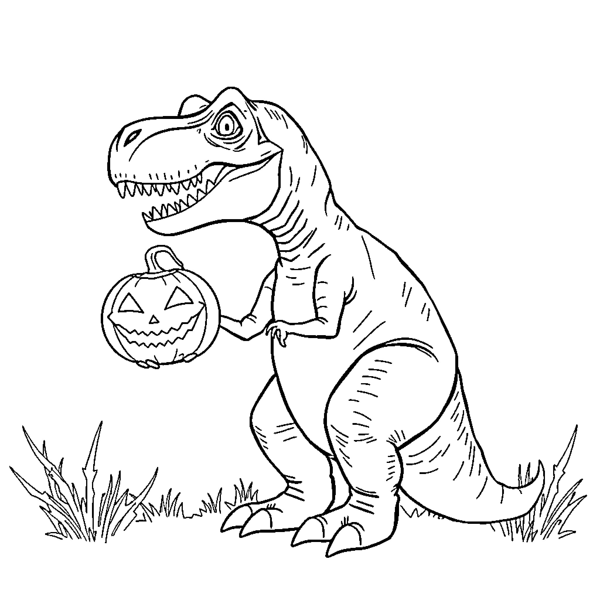 T-Rex Holding Halloween Pumpkin Outdoors Coloring Page (free black-and-white line drawing printable PDF for all, from beginners to advanced learners, including children, teens, adults, and seniors)