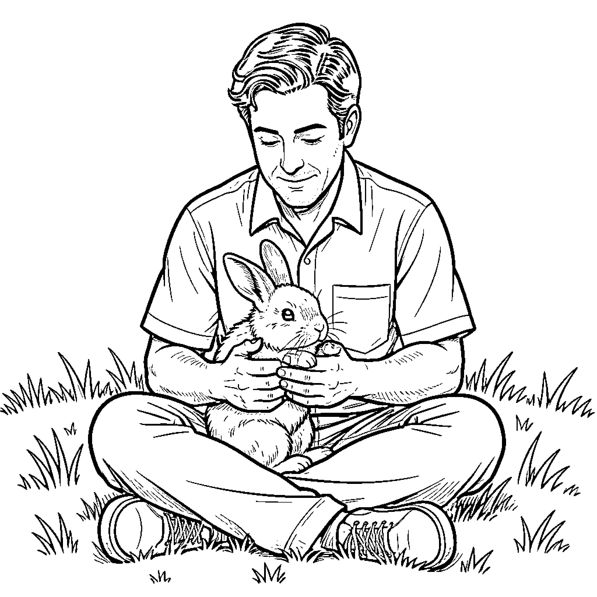 Joey gently holding a small rabbit in the grass Coloring Page (free black-and-white line drawing printable PDF for all, from beginners to advanced learners, including children, teens, adults, and seniors)