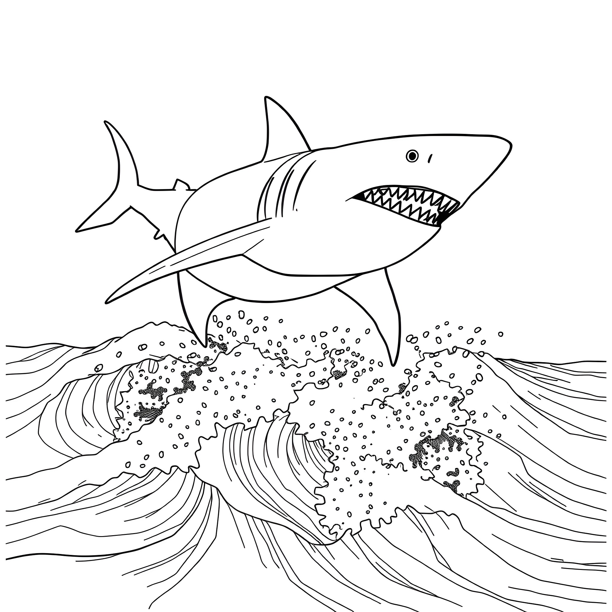 Shark swimming through the wild ocean Coloring Page (free black-and-white line drawing printable PDF for all, from beginners to advanced learners, including children, teens, adults, and seniors)