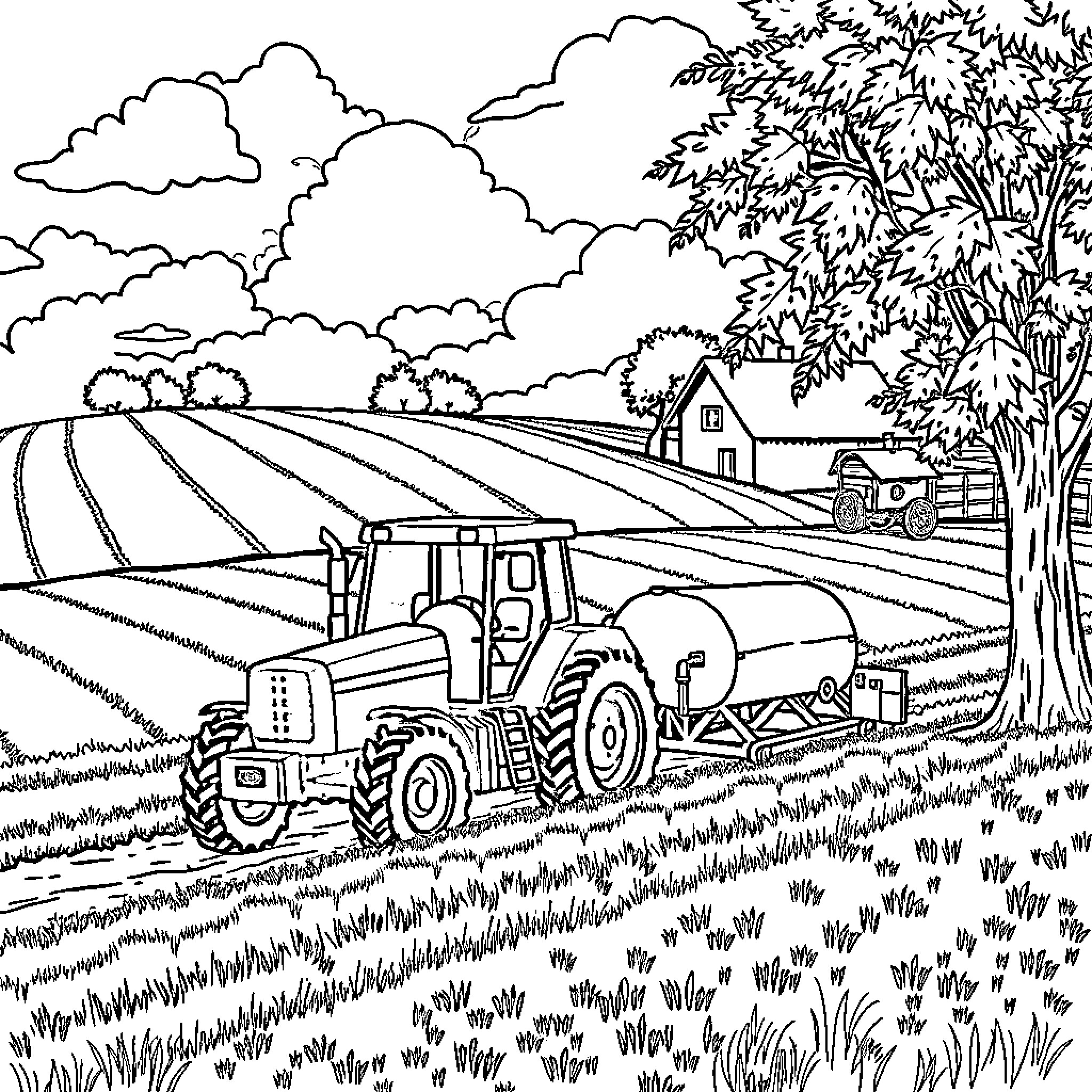 Tractor plowing the fields in a countryside landscape Coloring Page (free black-and-white line drawing printable PDF for all, from beginners to advanced learners, including children, teens, adults, and seniors)
