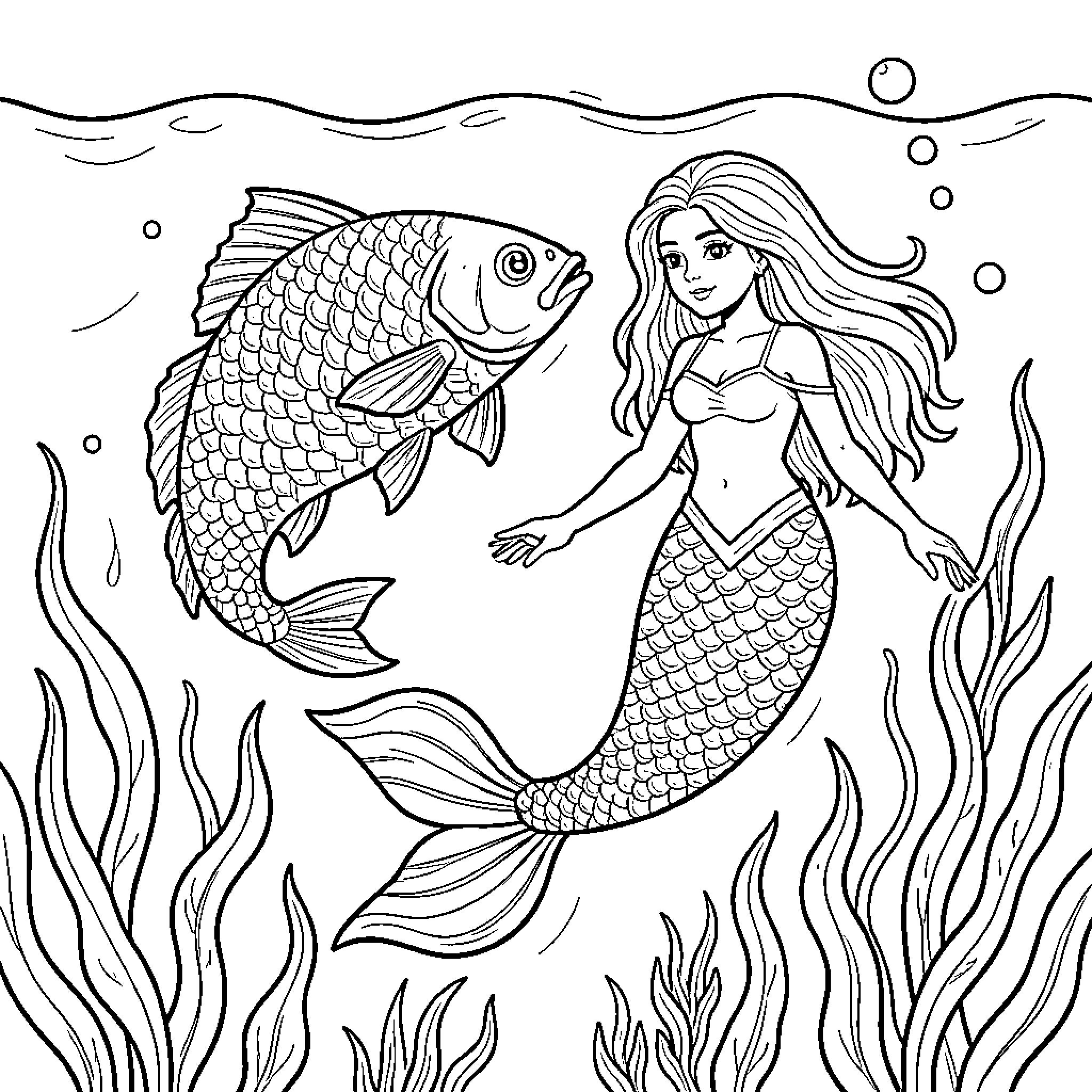 Fish swimming alongside a beautiful mermaid underwater Coloring Page (free black-and-white line drawing printable PDF for all, from beginners to advanced learners, including children, teens, adults, and seniors)