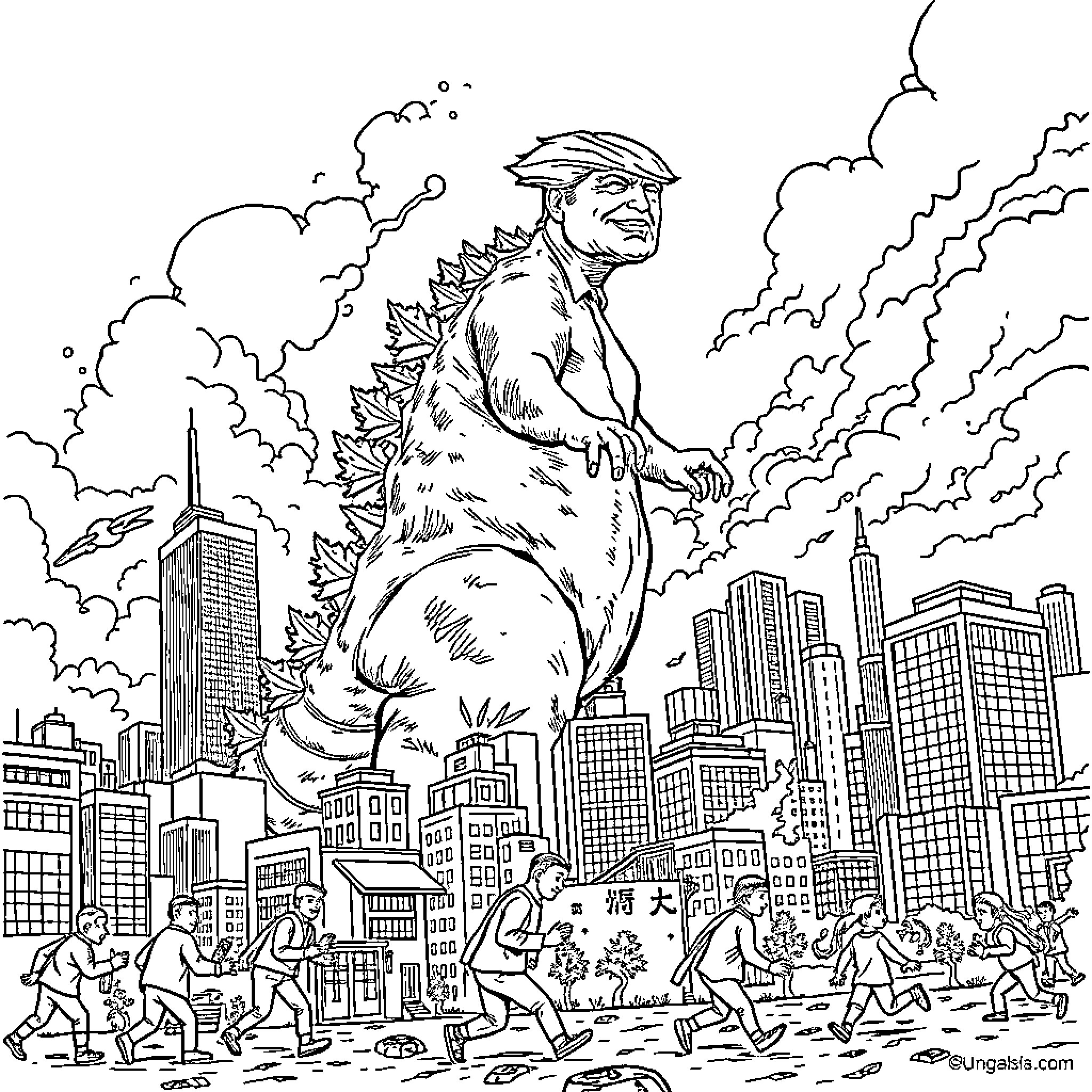 Trump Rampages Through the City as a Towering Monster Coloring Page (free black-and-white line drawing printable PDF for all, from beginners to advanced learners, including children, teens, adults, and seniors)