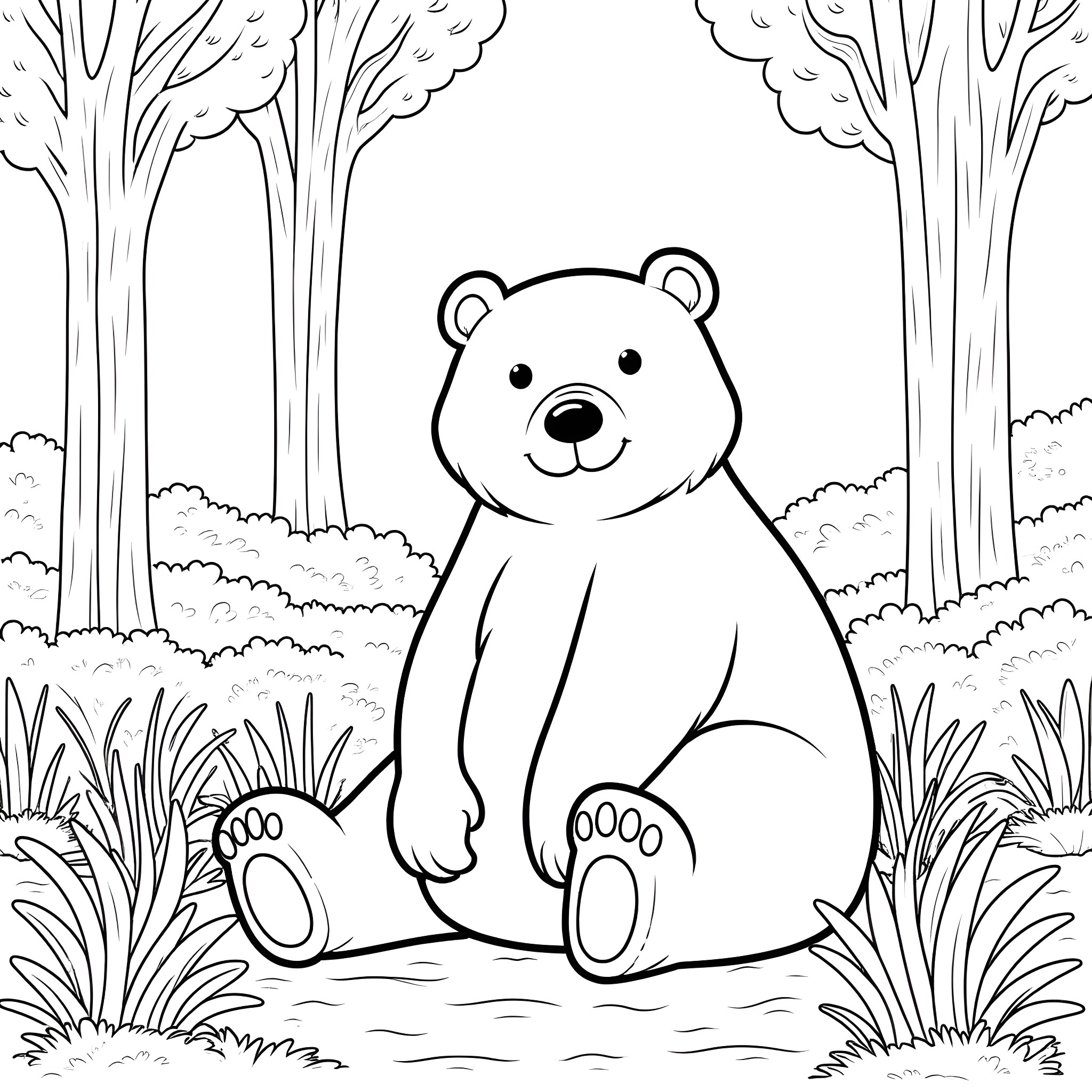 Bear sitting in the forest Coloring Page (free black-and-white line drawing printable PDF for all, from beginners to advanced learners, including children, teens, adults, and seniors)