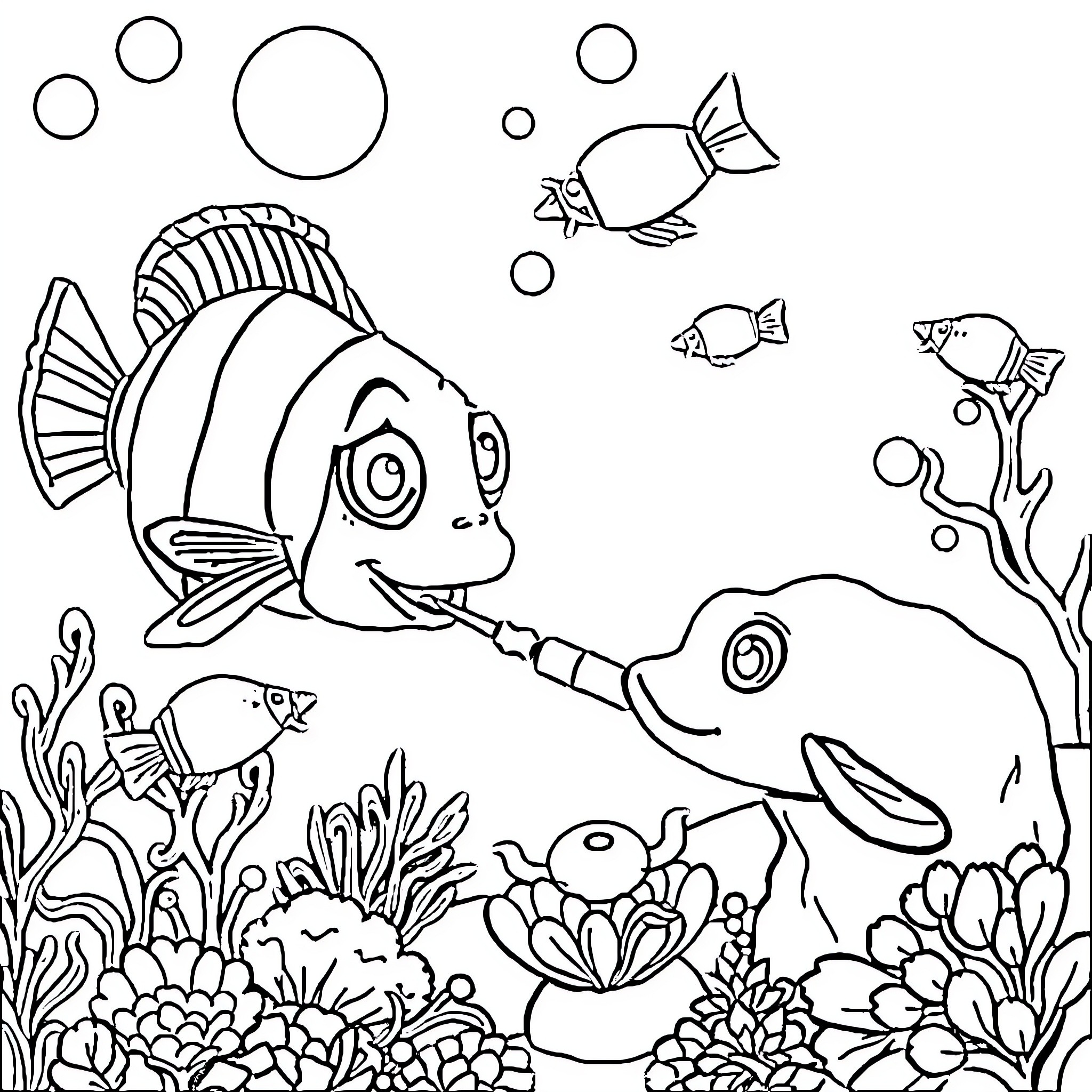 Spongebob's Underwater Adventures with Colorful Aquatic Friends Coloring Page (free black-and-white line drawing printable PDF for all, from beginners to advanced learners, including children, teens, adults, and seniors)