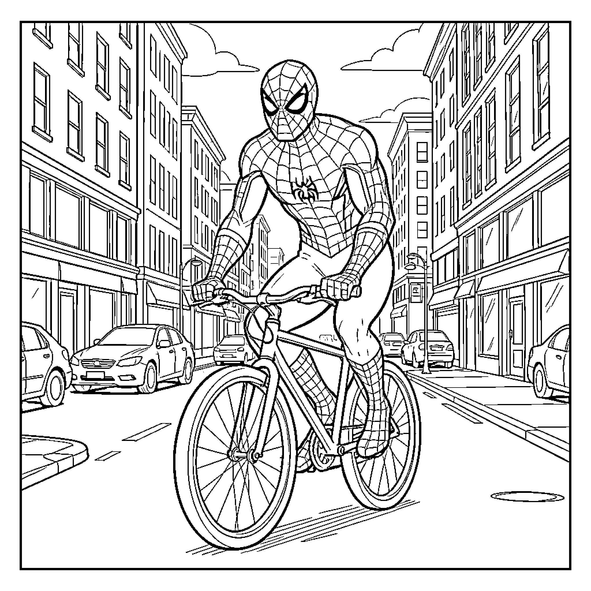 Spiderman riding a bicycle through a city street Coloring Page (free black-and-white line drawing printable PDF for all, from beginners to advanced learners, including children, teens, adults, and seniors)