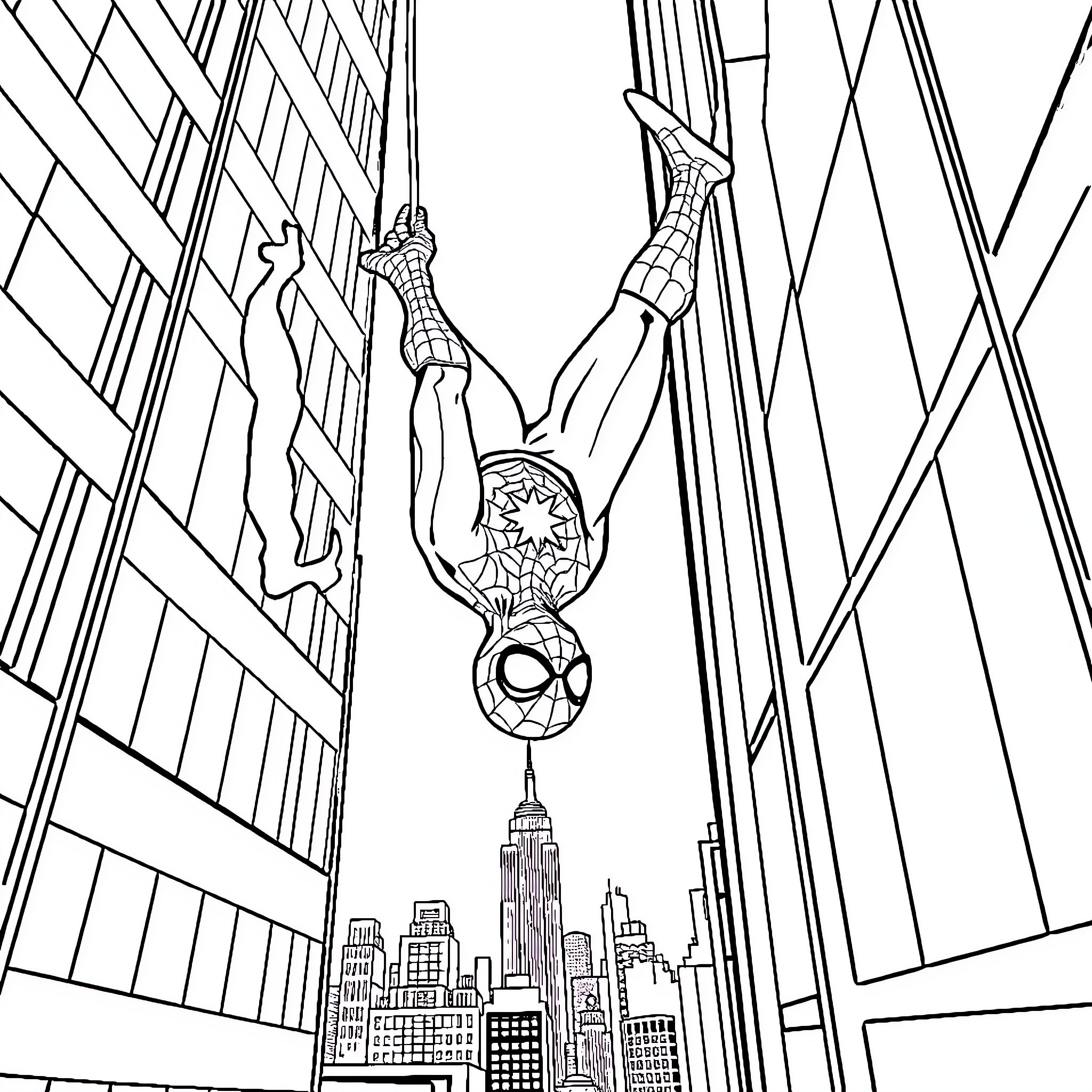 Spiderman swinging through the city skyline Coloring Page (free black-and-white line drawing printable PDF for all, from beginners to advanced learners, including children, teens, adults, and seniors)