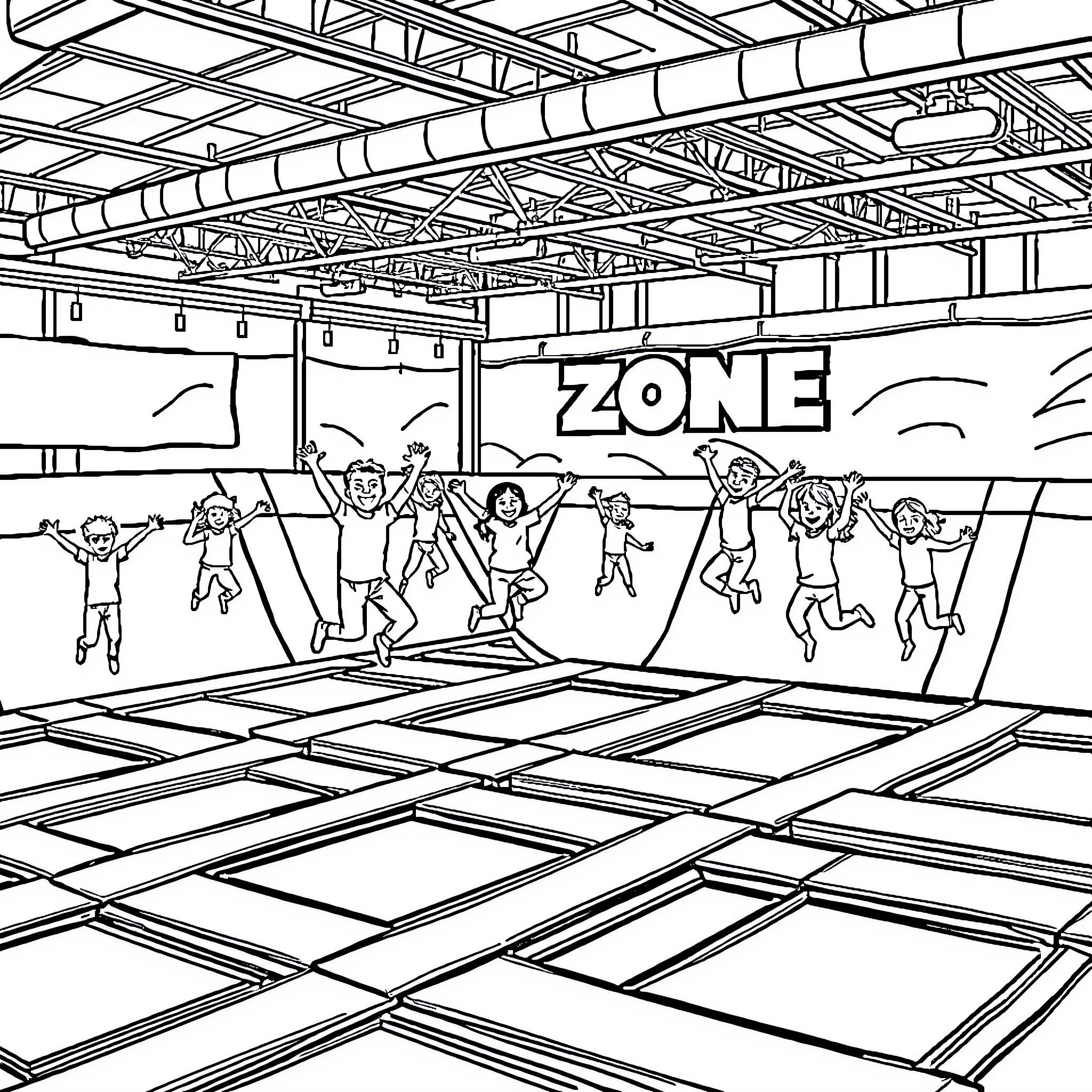 Trampoline park with active children Coloring Page (free black-and-white line drawing printable PDF for all, from beginners to advanced learners, including children, teens, adults, and seniors)