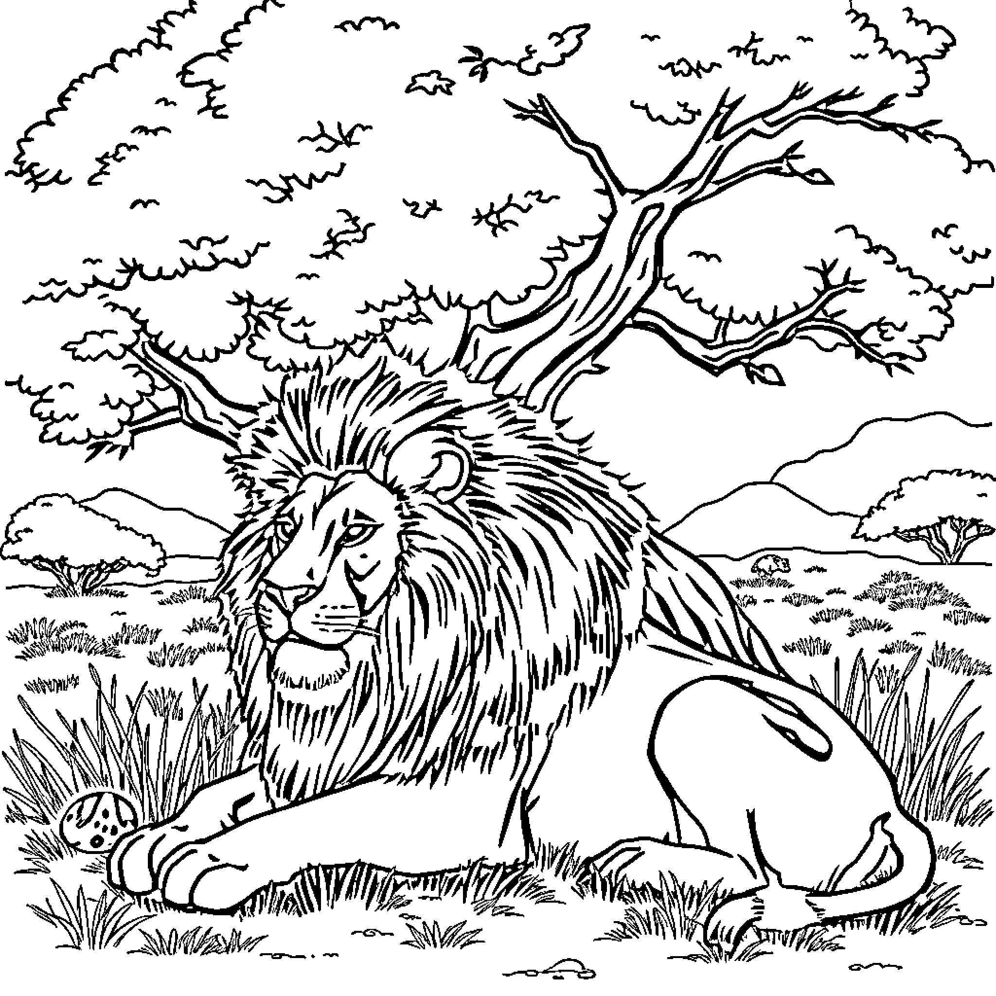 Lion relaxing in the savanna landscape Coloring Page (free black-and-white line drawing printable PDF for all, from beginners to advanced learners, including children, teens, adults, and seniors)