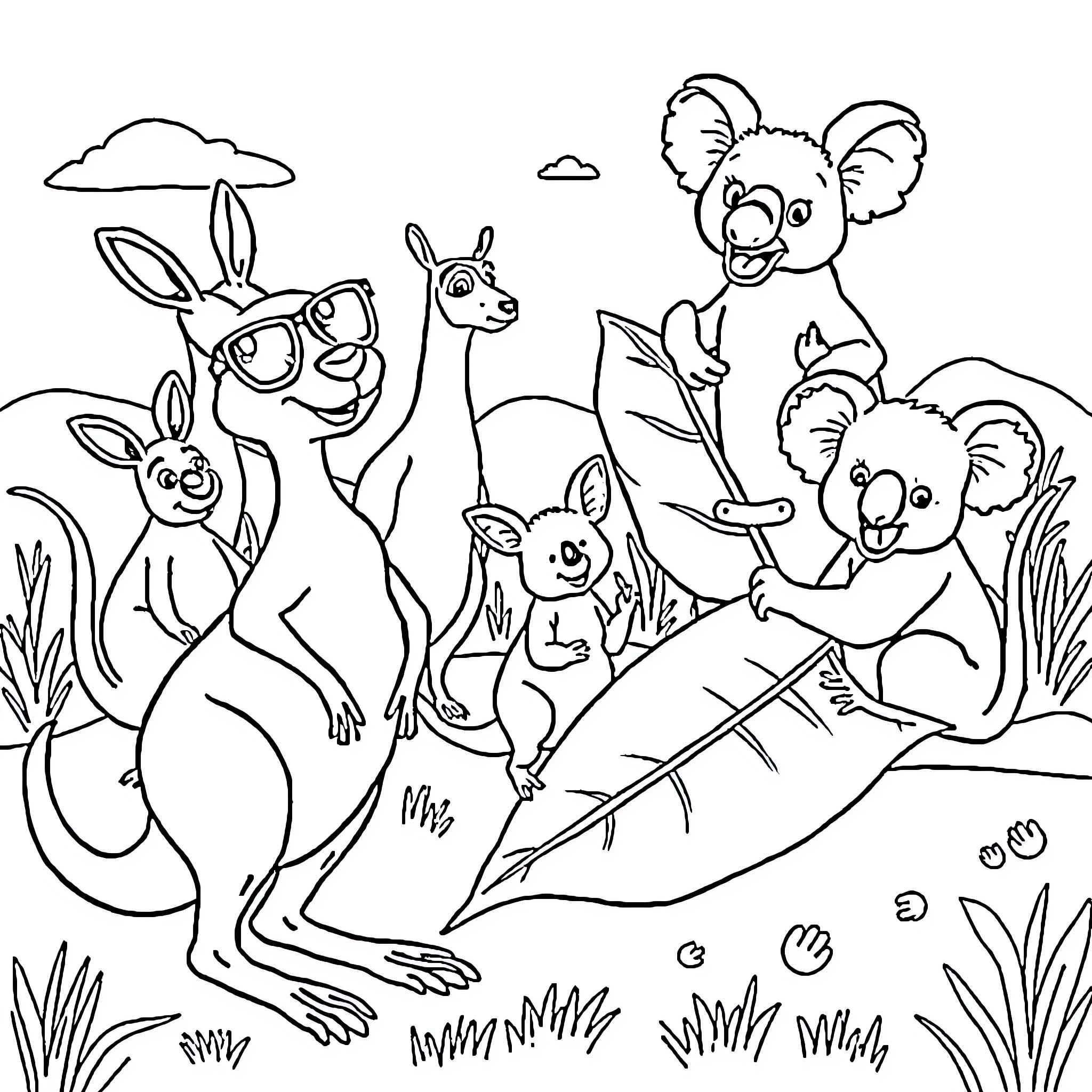 Animal friends playing together in the wild Coloring Page (free black-and-white line drawing printable PDF for all, from beginners to advanced learners, including children, teens, adults, and seniors)