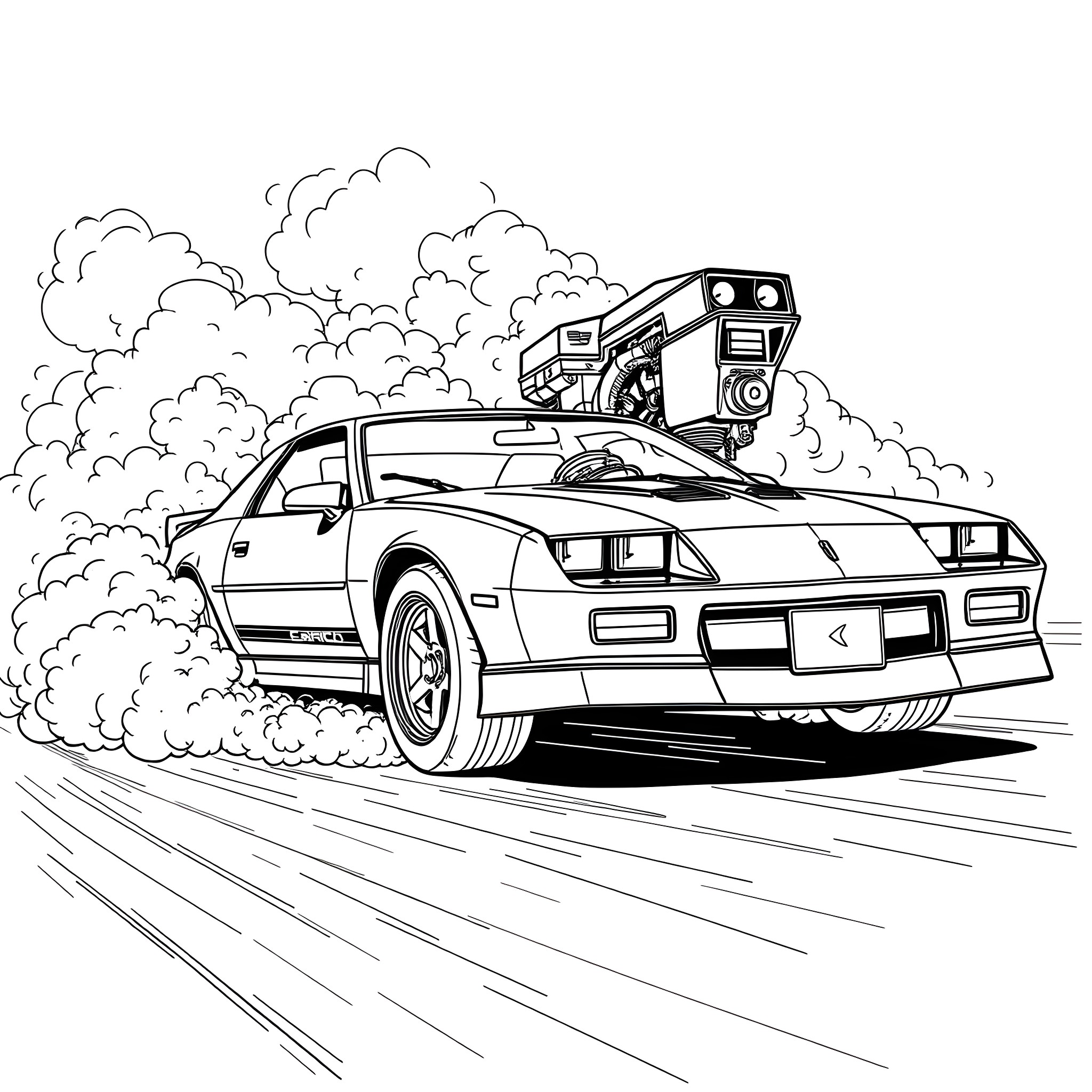 Camaro speeding on the road with smoke Coloring Page (free black-and-white line drawing printable PDF for all, from beginners to advanced learners, including children, teens, adults, and seniors)