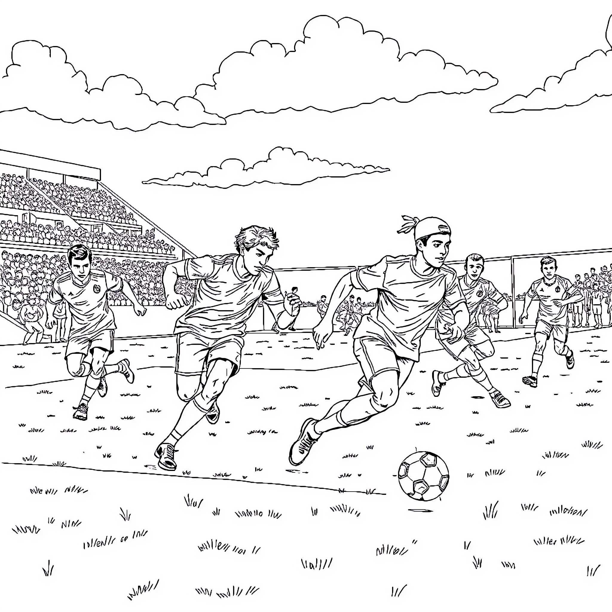 Football players competing on a field Coloring Page (free black-and-white line drawing printable PDF for all, from beginners to advanced learners, including children, teens, adults, and seniors)