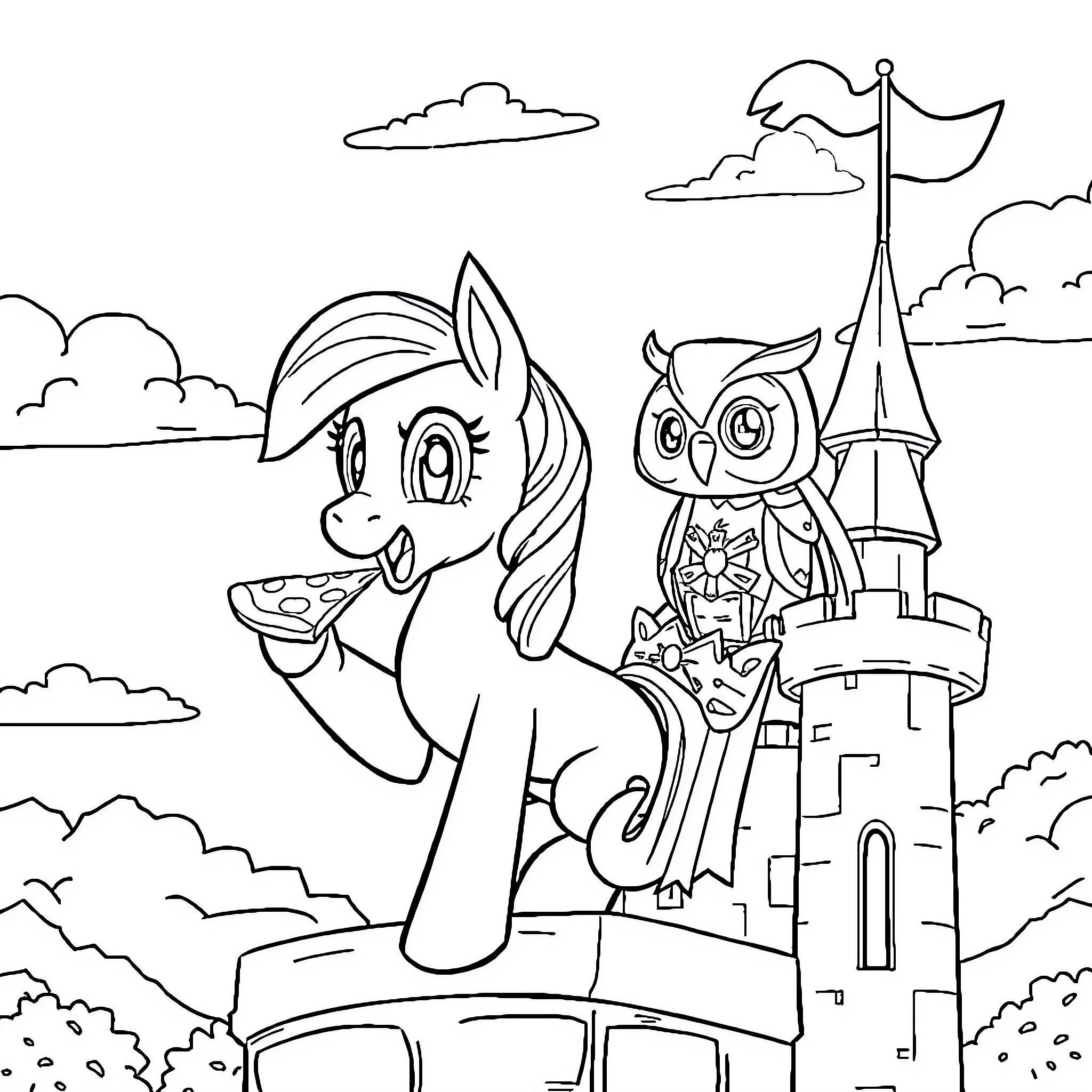 Pony and owl exploring a fantasy castle Coloring Page (free black-and-white line drawing printable PDF for all, from beginners to advanced learners, including children, teens, adults, and seniors)
