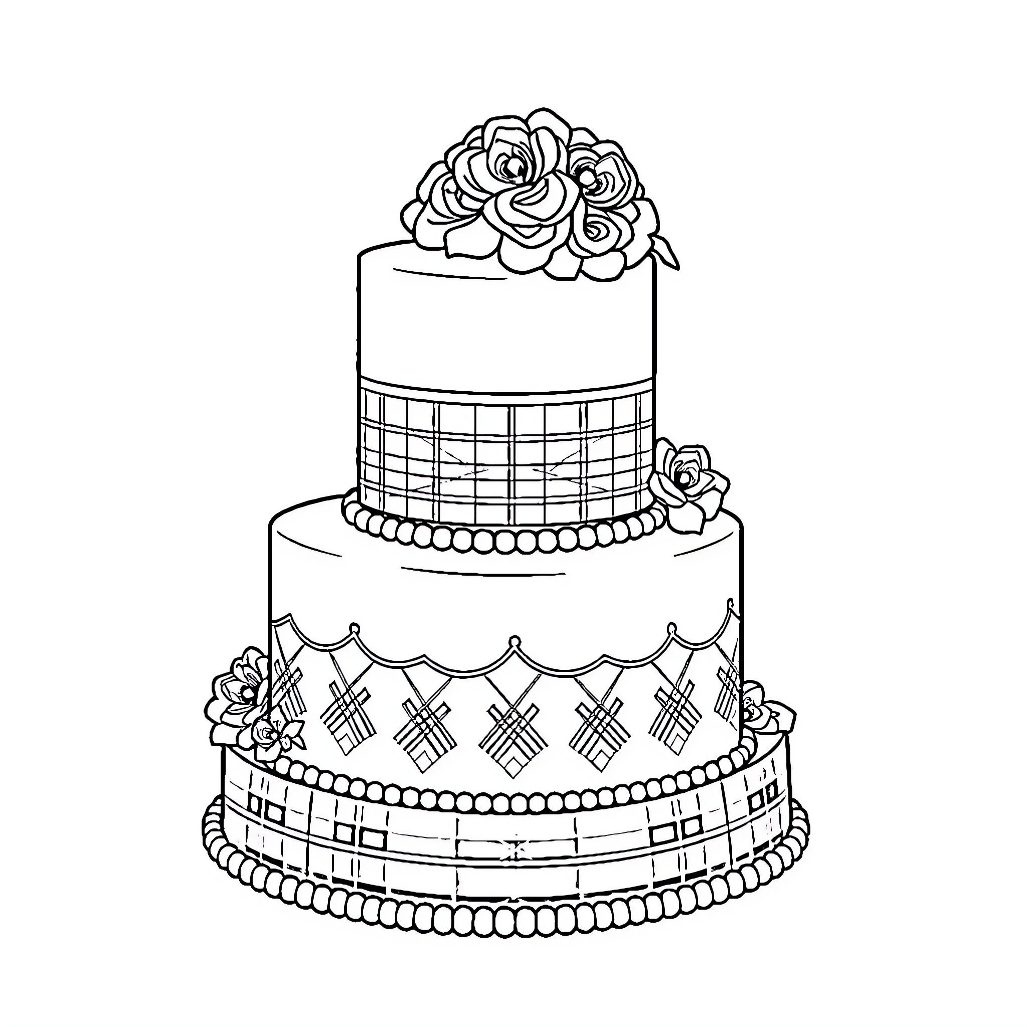 Wedding Cake with Decorative Flowers and Patterns Coloring Page (free black-and-white line drawing printable PDF for all, from beginners to advanced learners, including children, teens, adults, and seniors)
