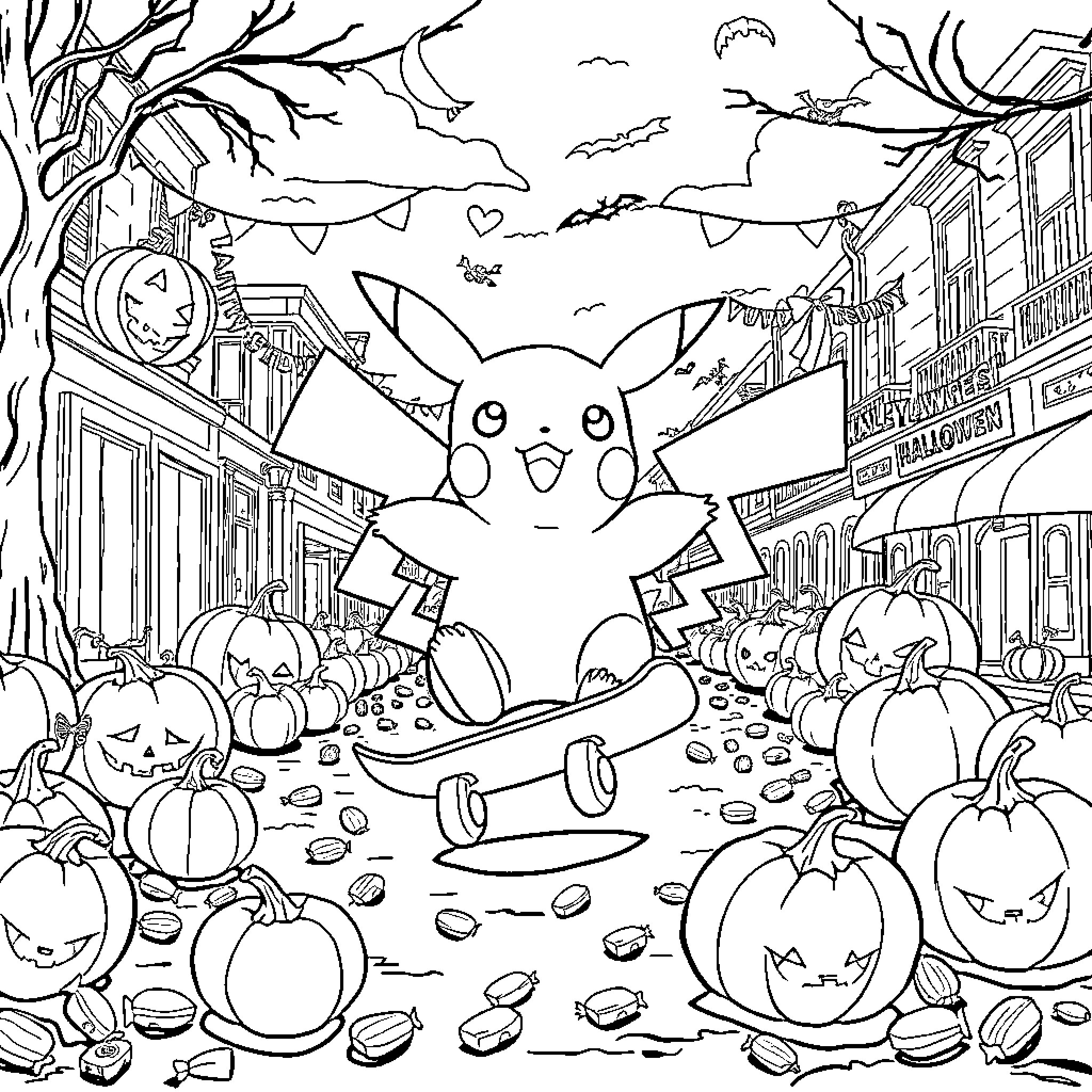 Pikachu in a spooky Halloween town Coloring Page (free black-and-white line drawing printable PDF for all, from beginners to advanced learners, including children, teens, adults, and seniors)
