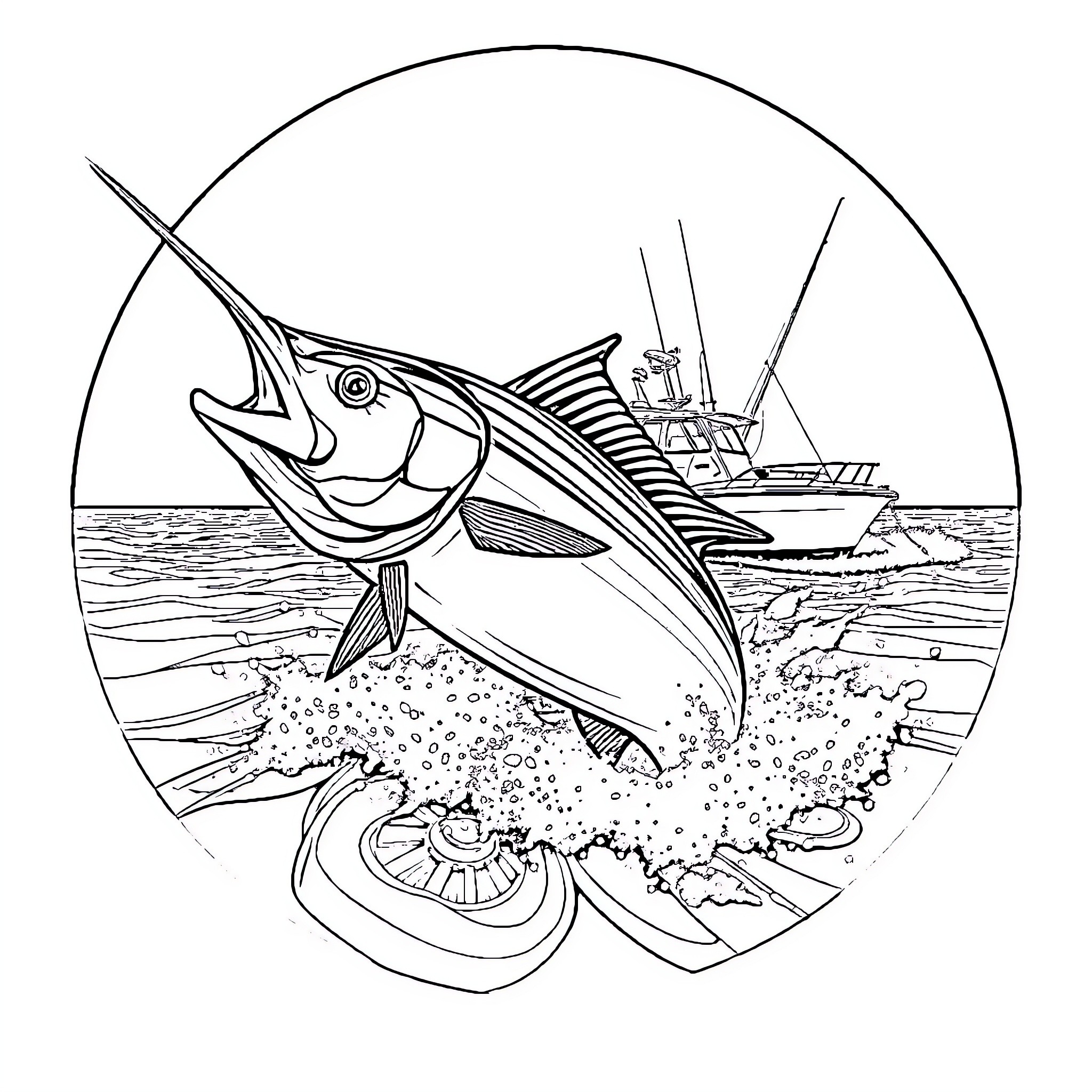 Mahi Mahi fishing adventure with boat Coloring Page (free black-and-white line drawing printable PDF for all, from beginners to advanced learners, including children, teens, adults, and seniors)