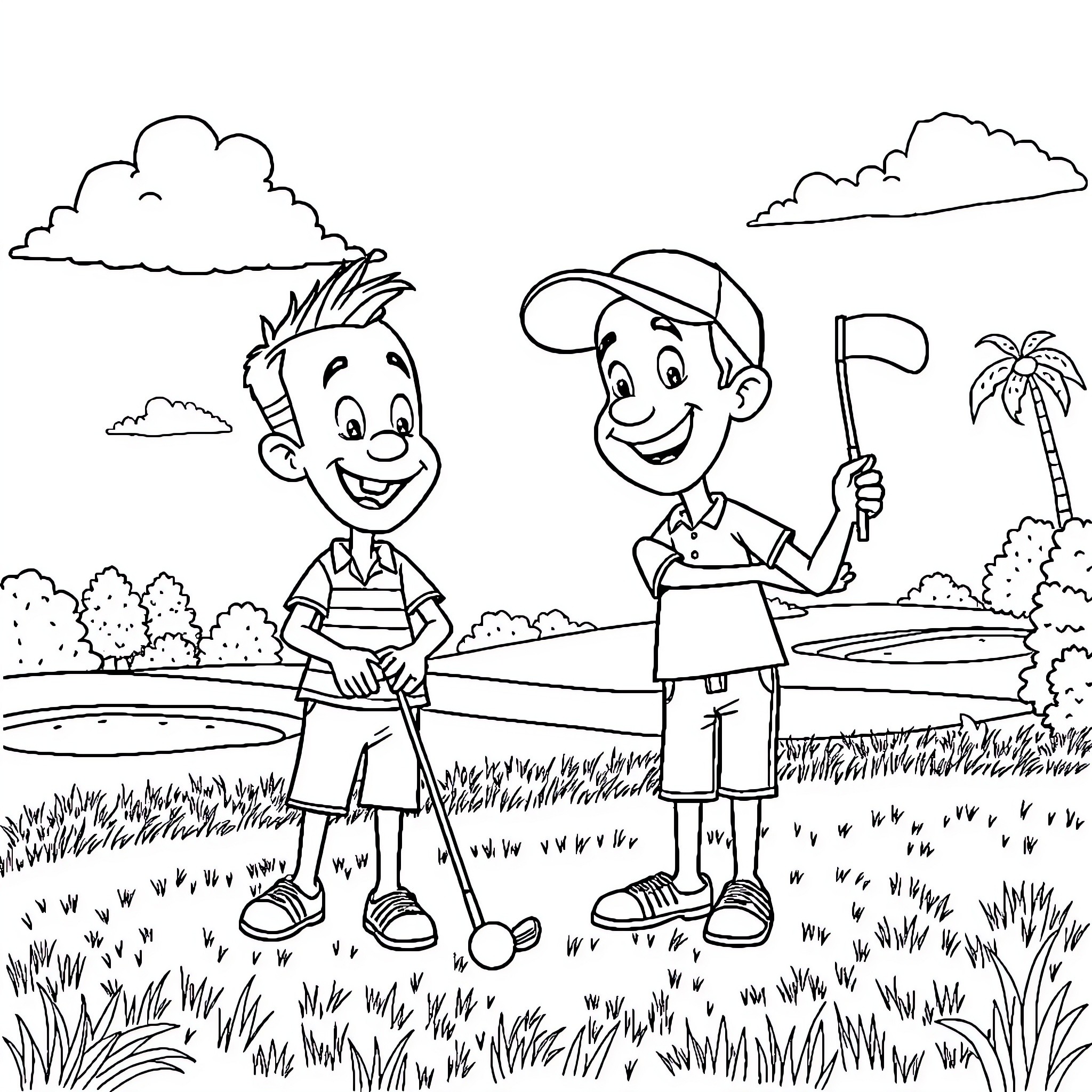 Blippi exploring the outdoors with his friend Coloring Page (free black-and-white line drawing printable PDF for all, from beginners to advanced learners, including children, teens, adults, and seniors)