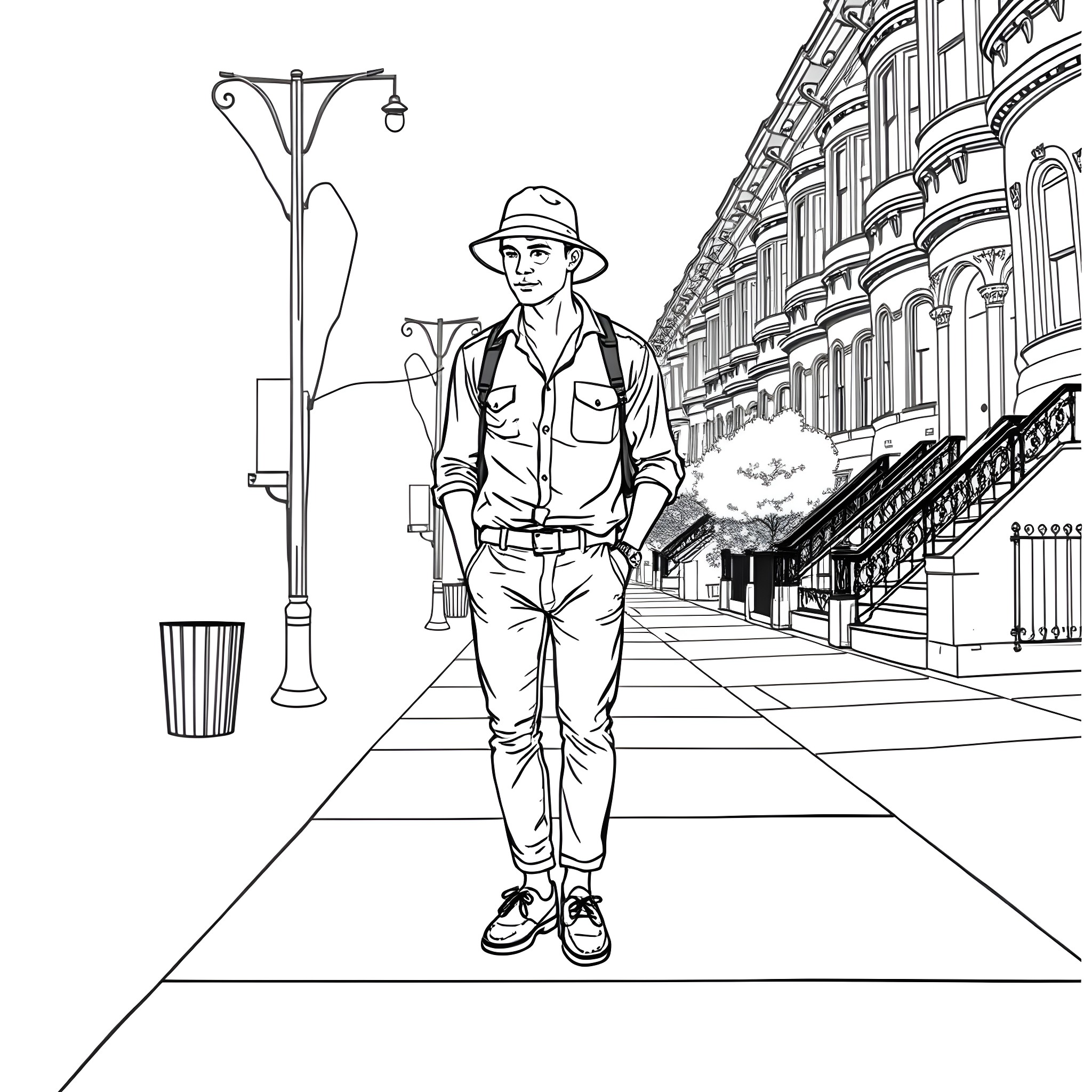 Man walking in an urban setting Coloring Page (free black-and-white line drawing printable PDF for all, from beginners to advanced learners, including children, teens, adults, and seniors)