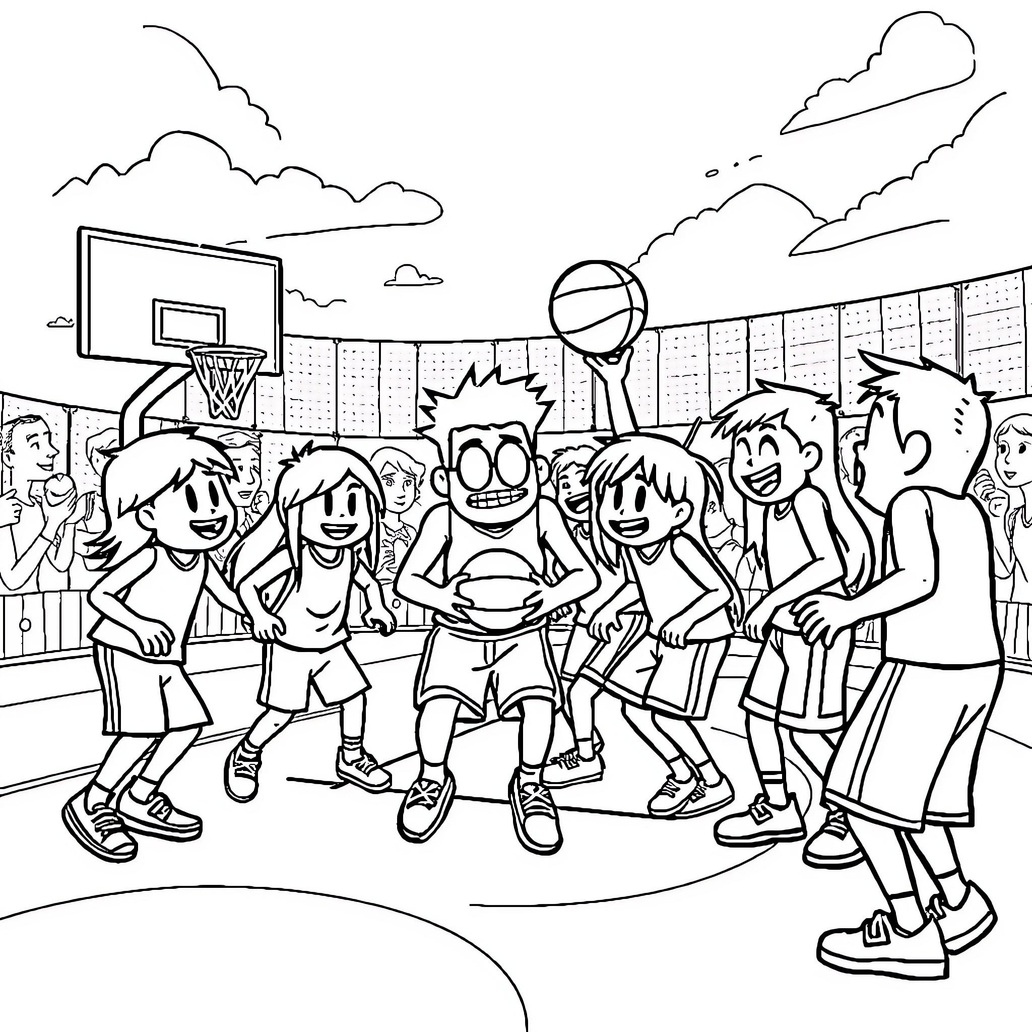 Among Us Characters Playing Basketball in the Schoolyard Coloring Page (free black-and-white line drawing printable PDF for all, from beginners to advanced learners, including children, teens, adults, and seniors)