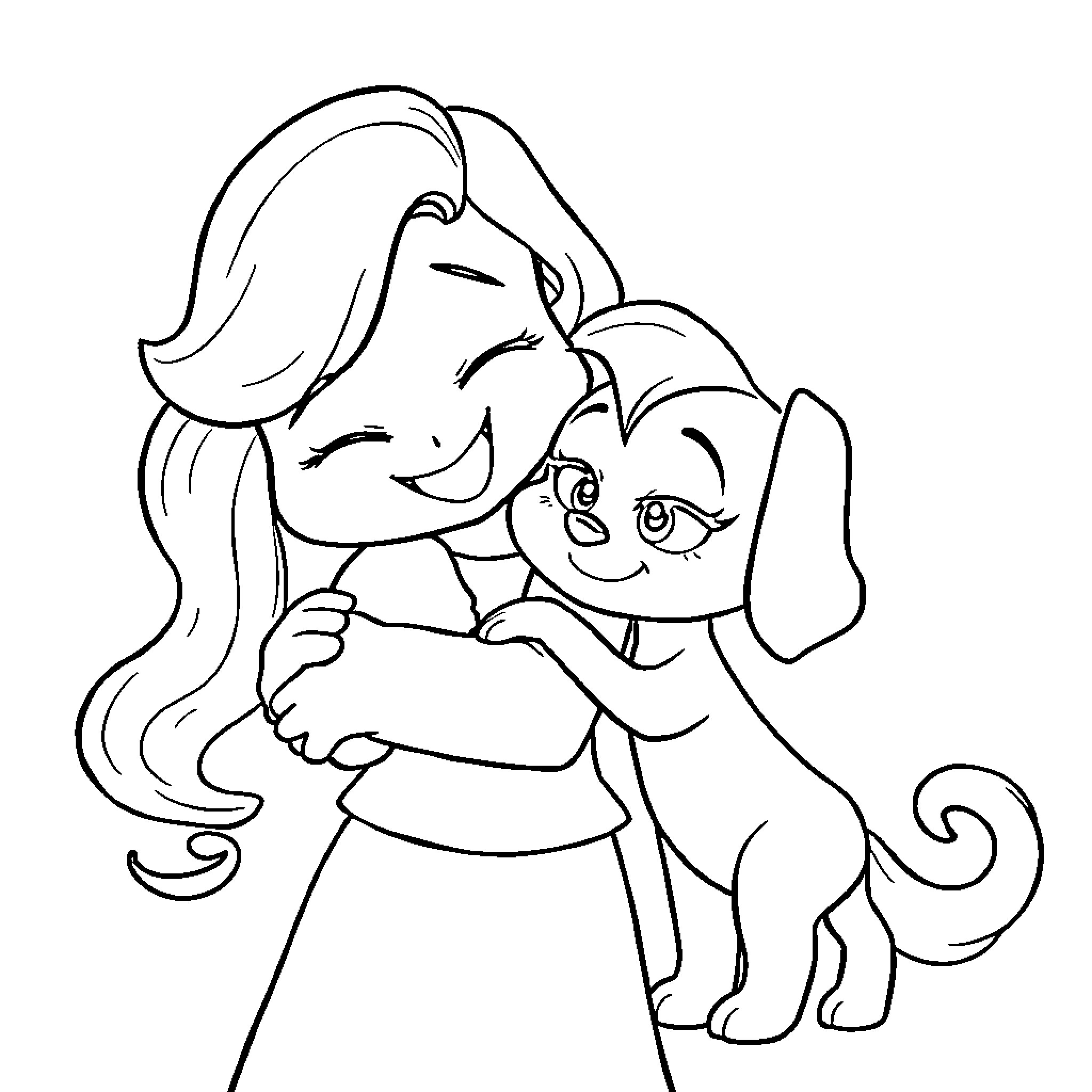 Bluey and her dog friend enjoy a tender moment Coloring Page (free black-and-white line drawing printable PDF for all, from beginners to advanced learners, including children, teens, adults, and seniors)