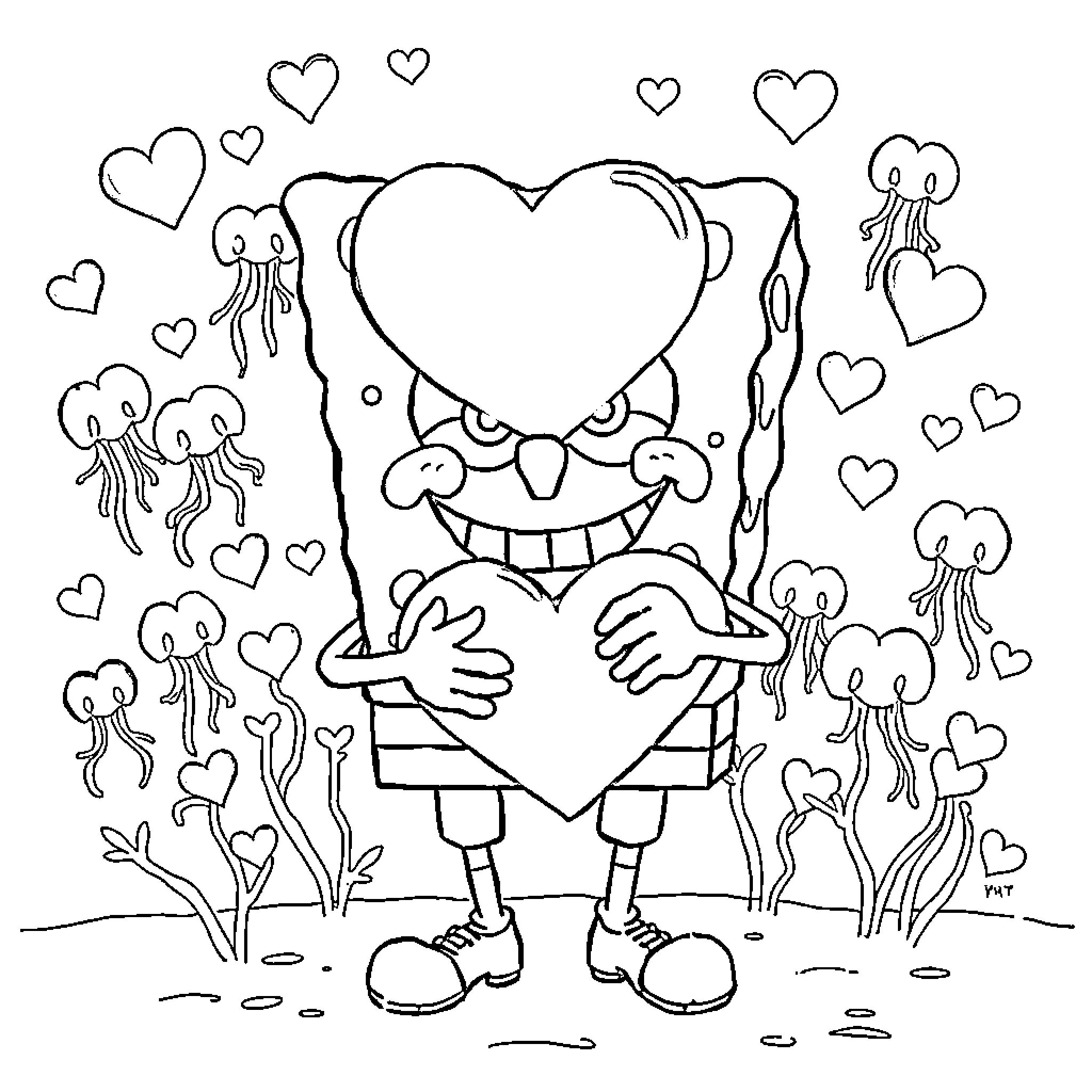 Spongebob holding a heart surrounded by jellyfish Coloring Page (free black-and-white line drawing printable PDF for all, from beginners to advanced learners, including children, teens, adults, and seniors)
