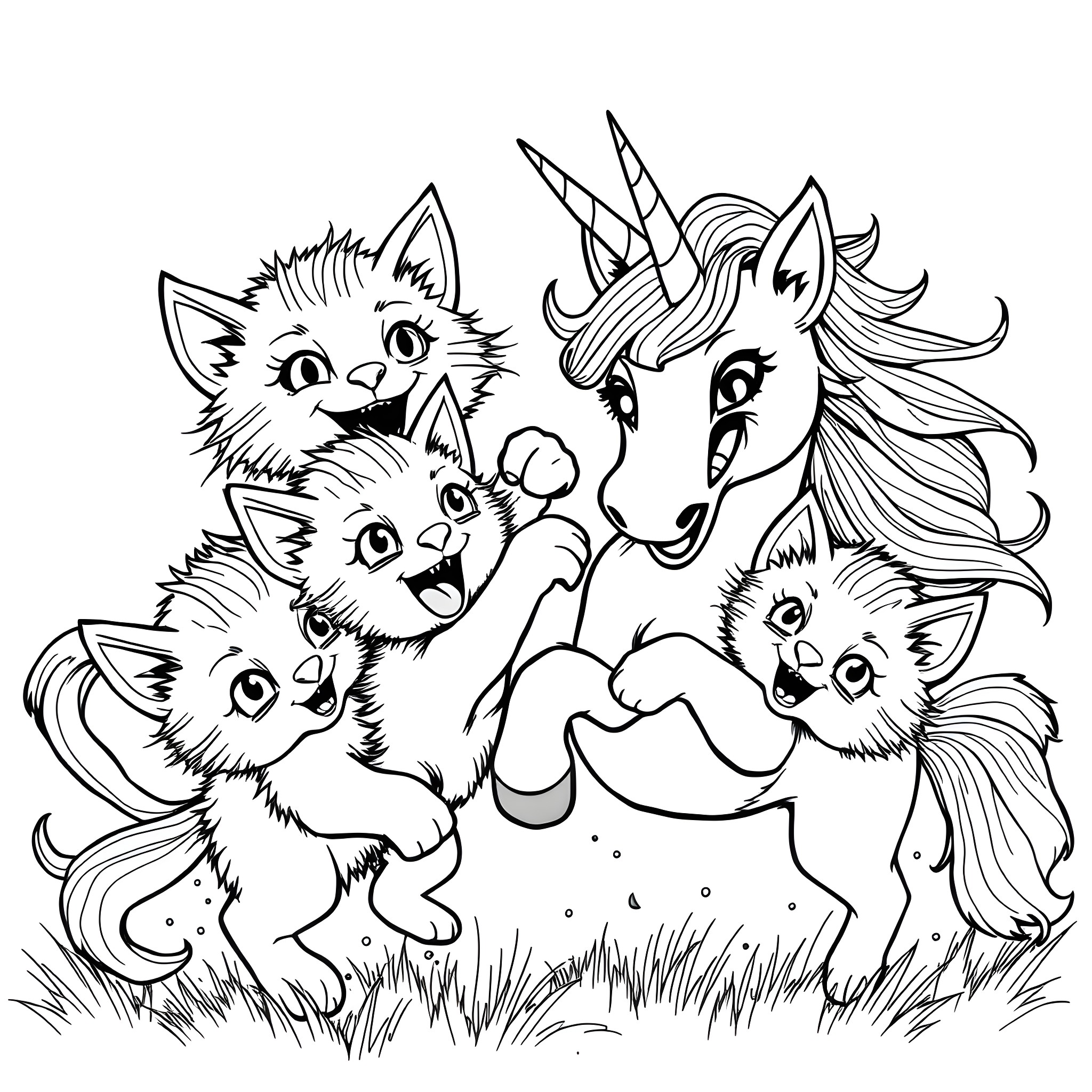 Kittens and unicorn playing together in the meadow Coloring Page (free black-and-white line drawing printable PDF for all, from beginners to advanced learners, including children, teens, adults, and seniors)