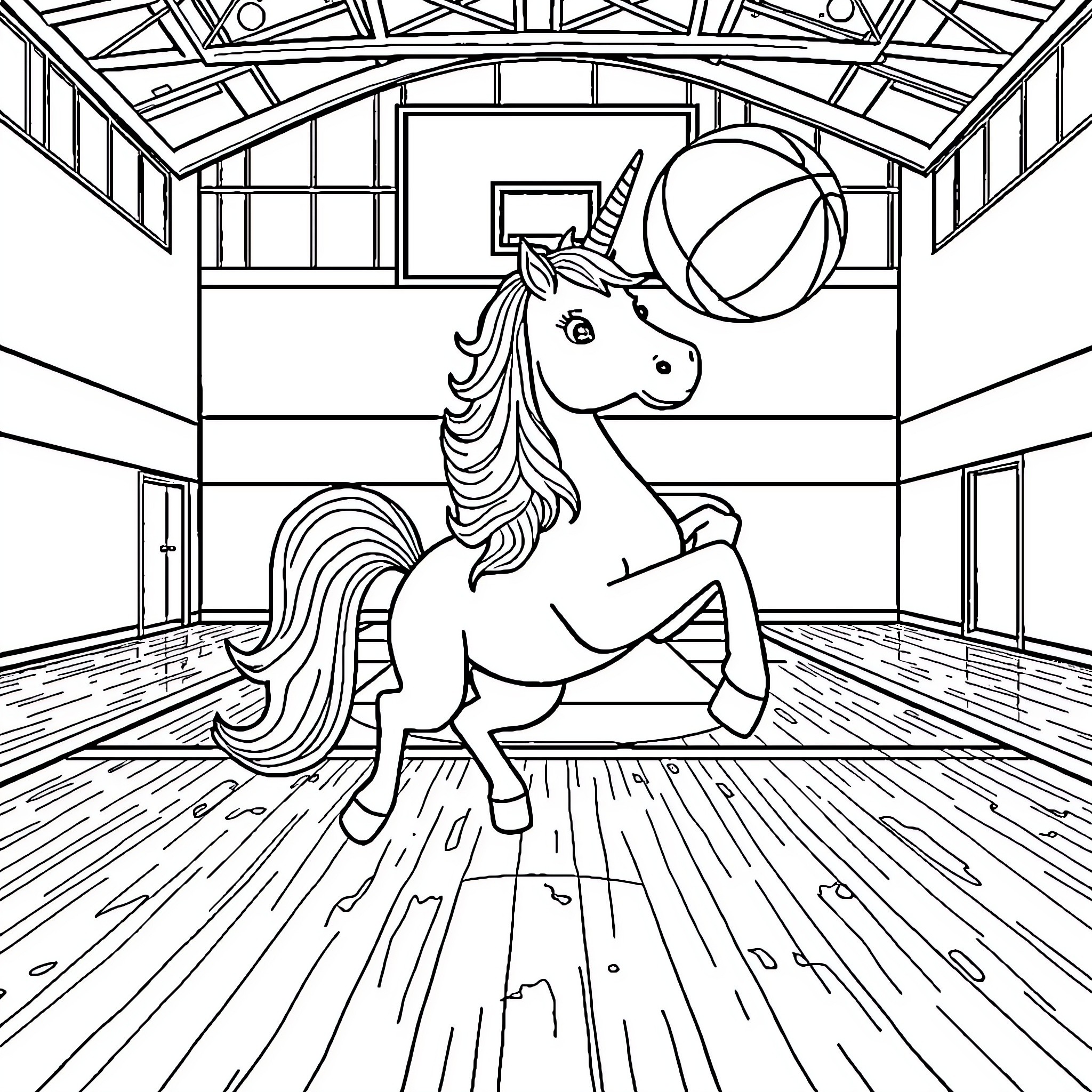 Unicorn playing in sports gymnasium Coloring Page (free black-and-white line drawing printable PDF for all, from beginners to advanced learners, including children, teens, adults, and seniors)