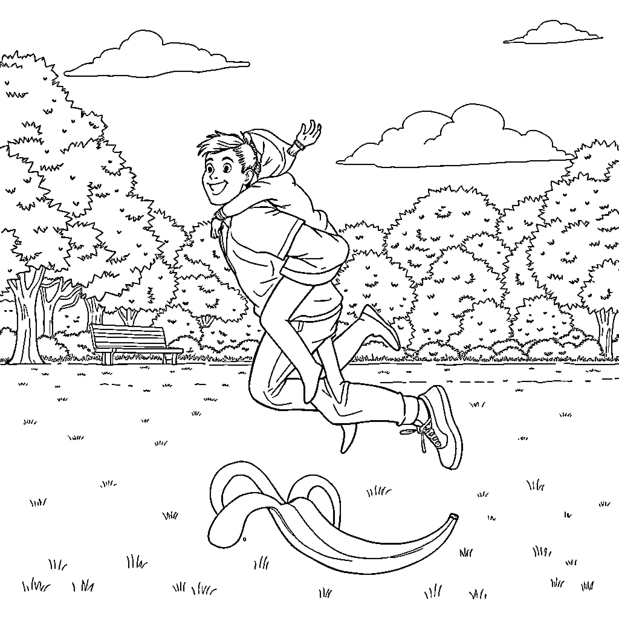 Man jumping on rocking horse in park Coloring Page (free black-and-white line drawing printable PDF for all, from beginners to advanced learners, including children, teens, adults, and seniors)