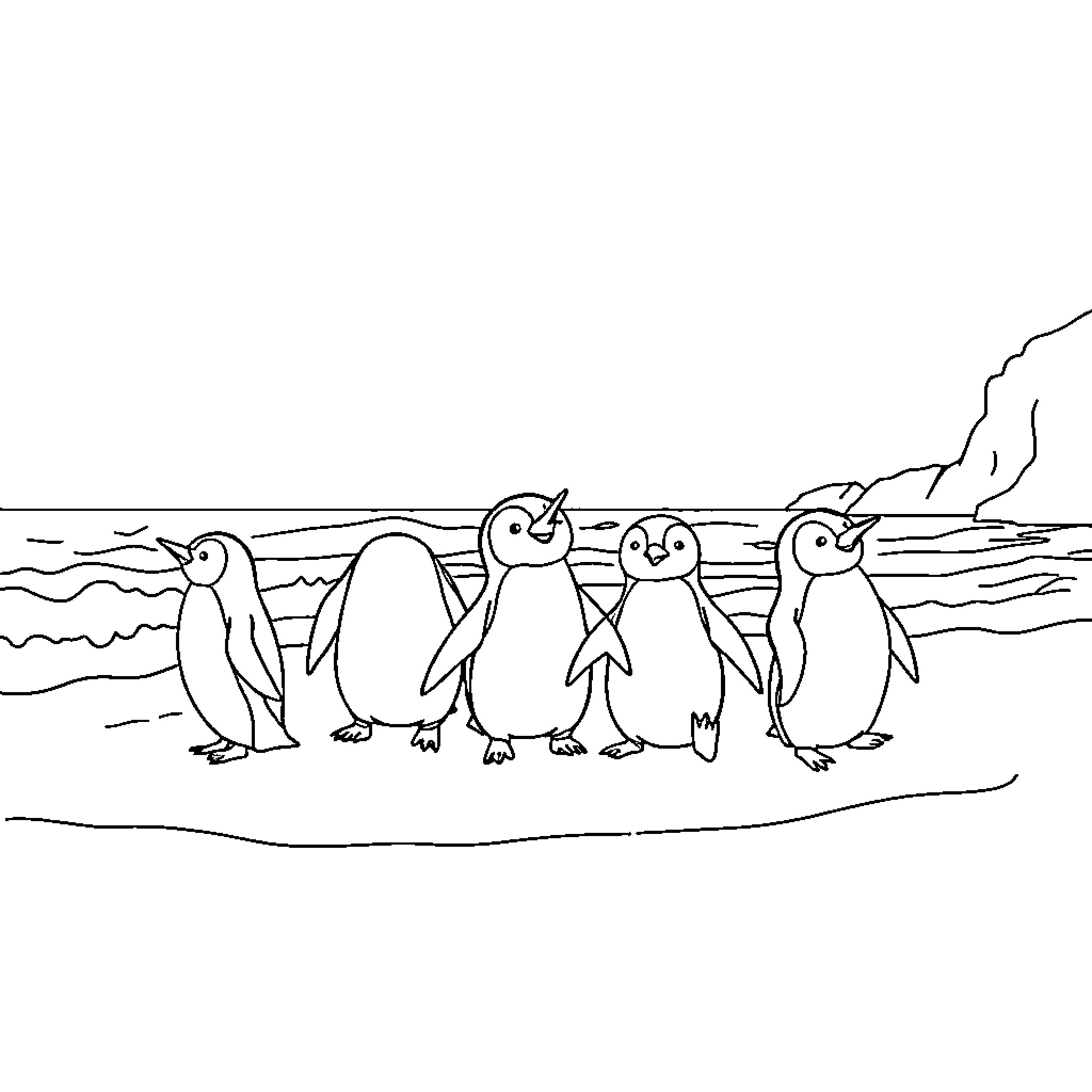 Penguin Pals Having Fun on the Beach Coloring Page (free black-and-white line drawing printable PDF for all, from beginners to advanced learners, including children, teens, adults, and seniors)