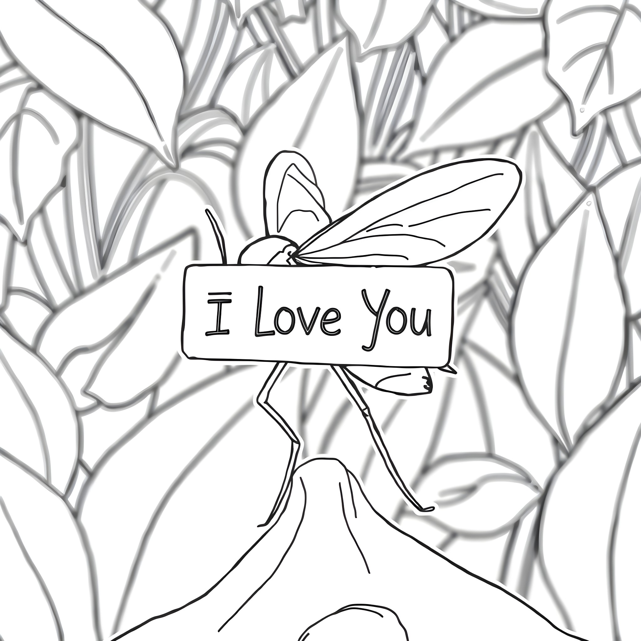 Mosquito declaring 'I Love You' in nature Coloring Page (free black-and-white line drawing printable PDF for all, from beginners to advanced learners, including children, teens, adults, and seniors)