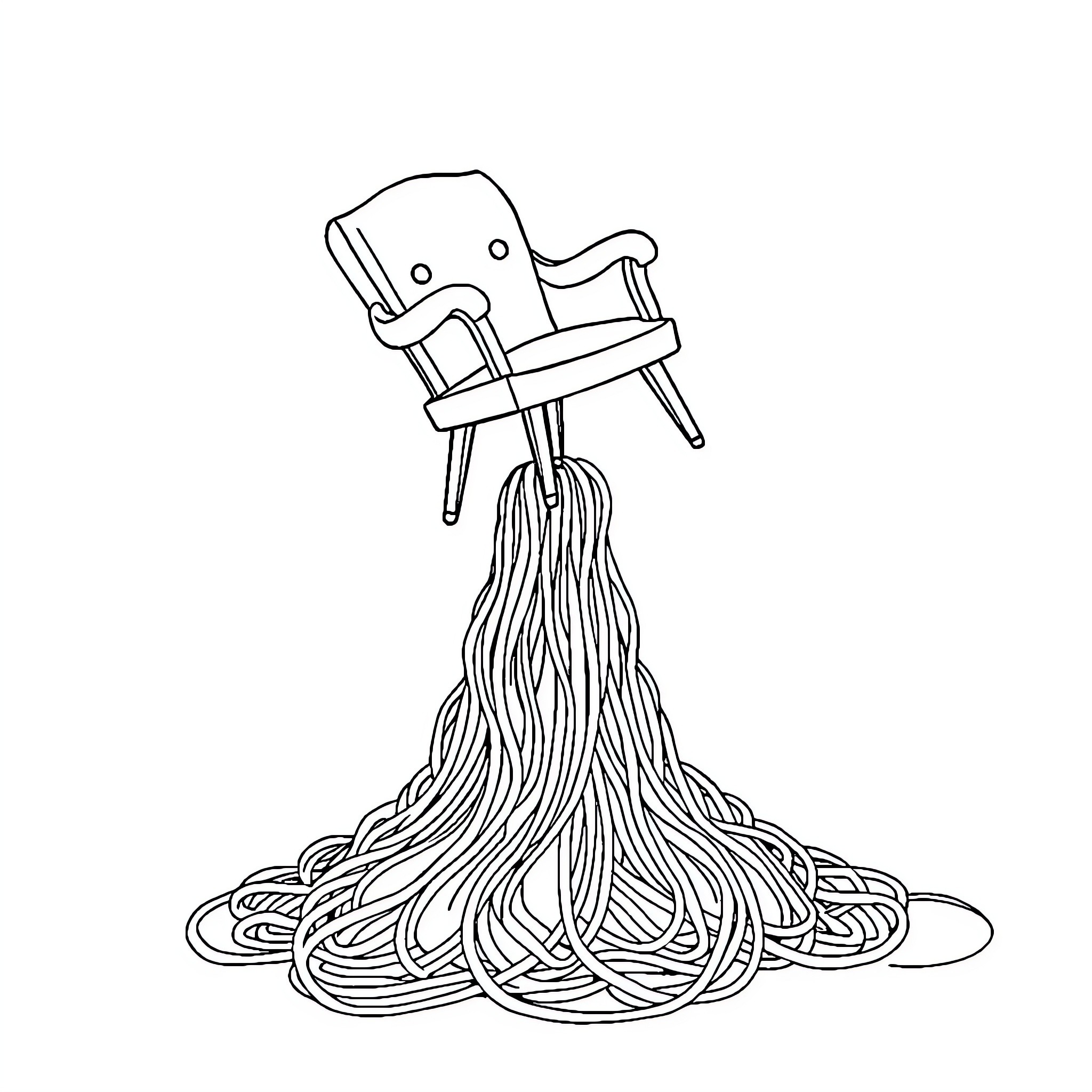 Chair Caught in Tangled Spaghetti Coloring Page (free black-and-white line drawing printable PDF for all, from beginners to advanced learners, including children, teens, adults, and seniors)