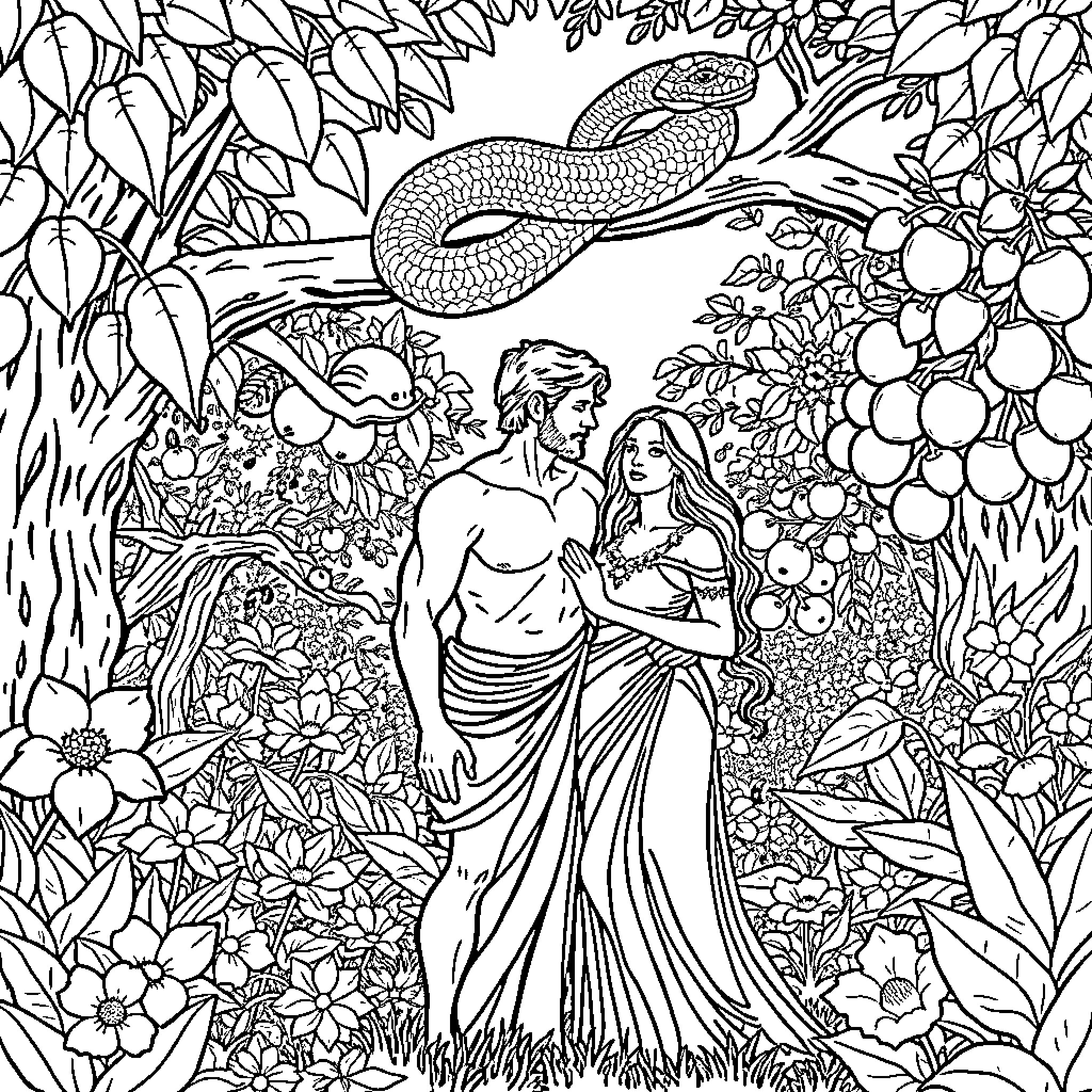 Adam and Eve in the Garden of Eden with Serpent Coloring Page (free black-and-white line drawing printable PDF for all, from beginners to advanced learners, including children, teens, adults, and seniors)