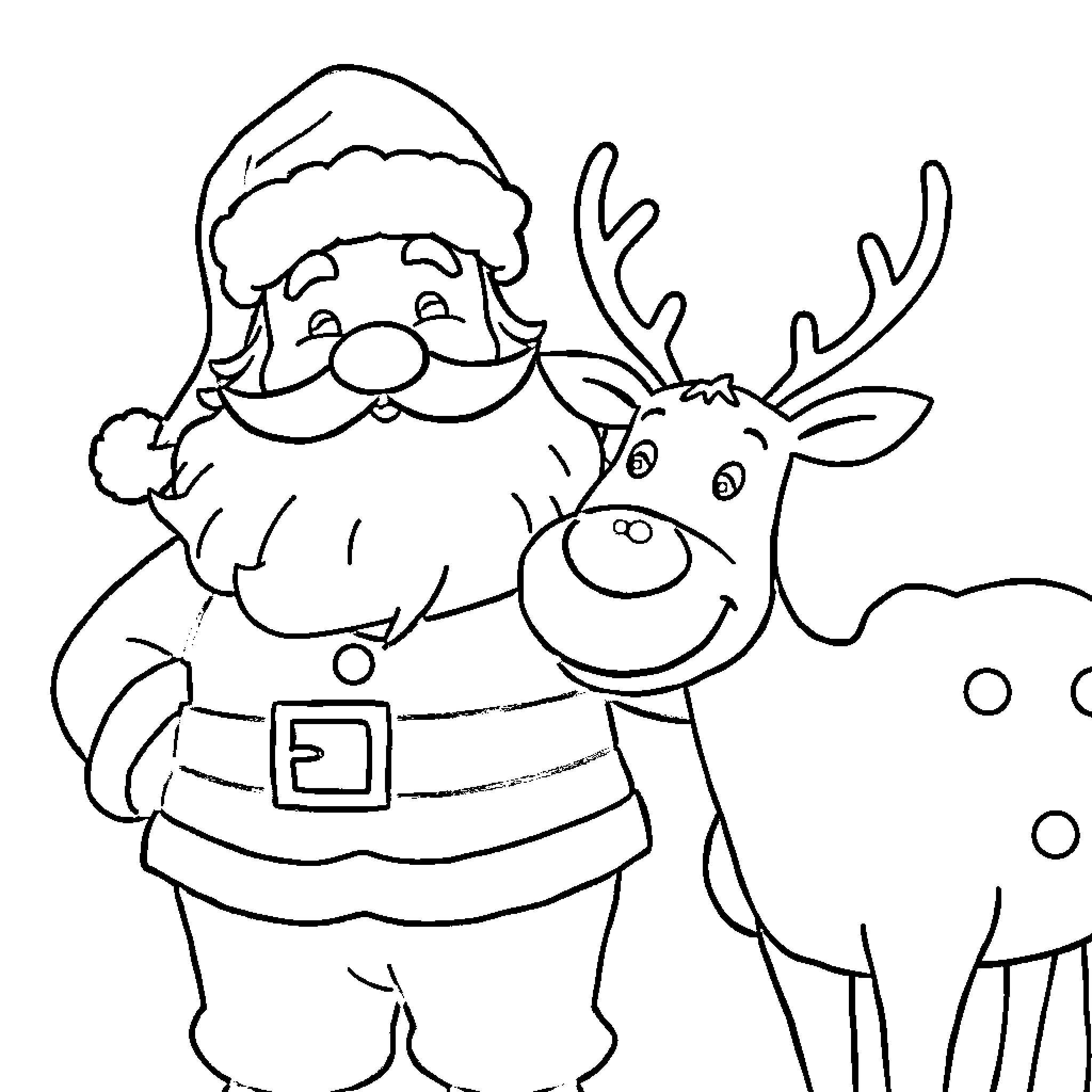 Santa Claus and his reindeer friend Coloring Page (free black-and-white line drawing printable PDF for all, from beginners to advanced learners, including children, teens, adults, and seniors)