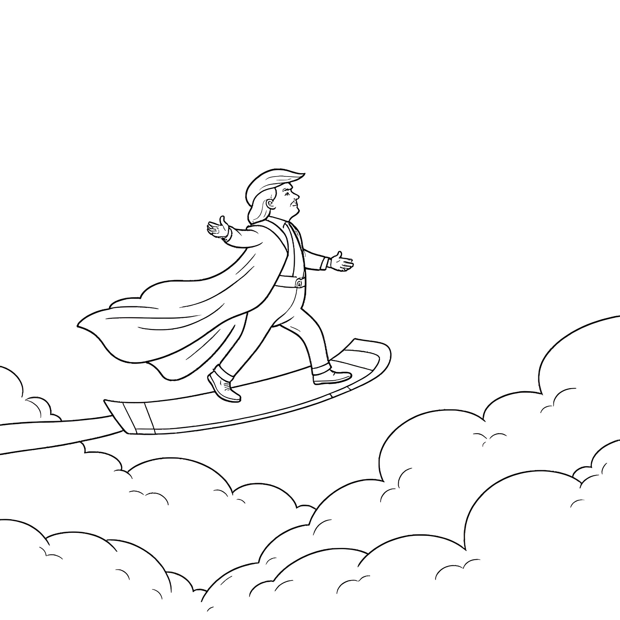 Trump riding a hoverboard through the clouds Coloring Page (free black-and-white line drawing printable PDF for all, from beginners to advanced learners, including children, teens, adults, and seniors)