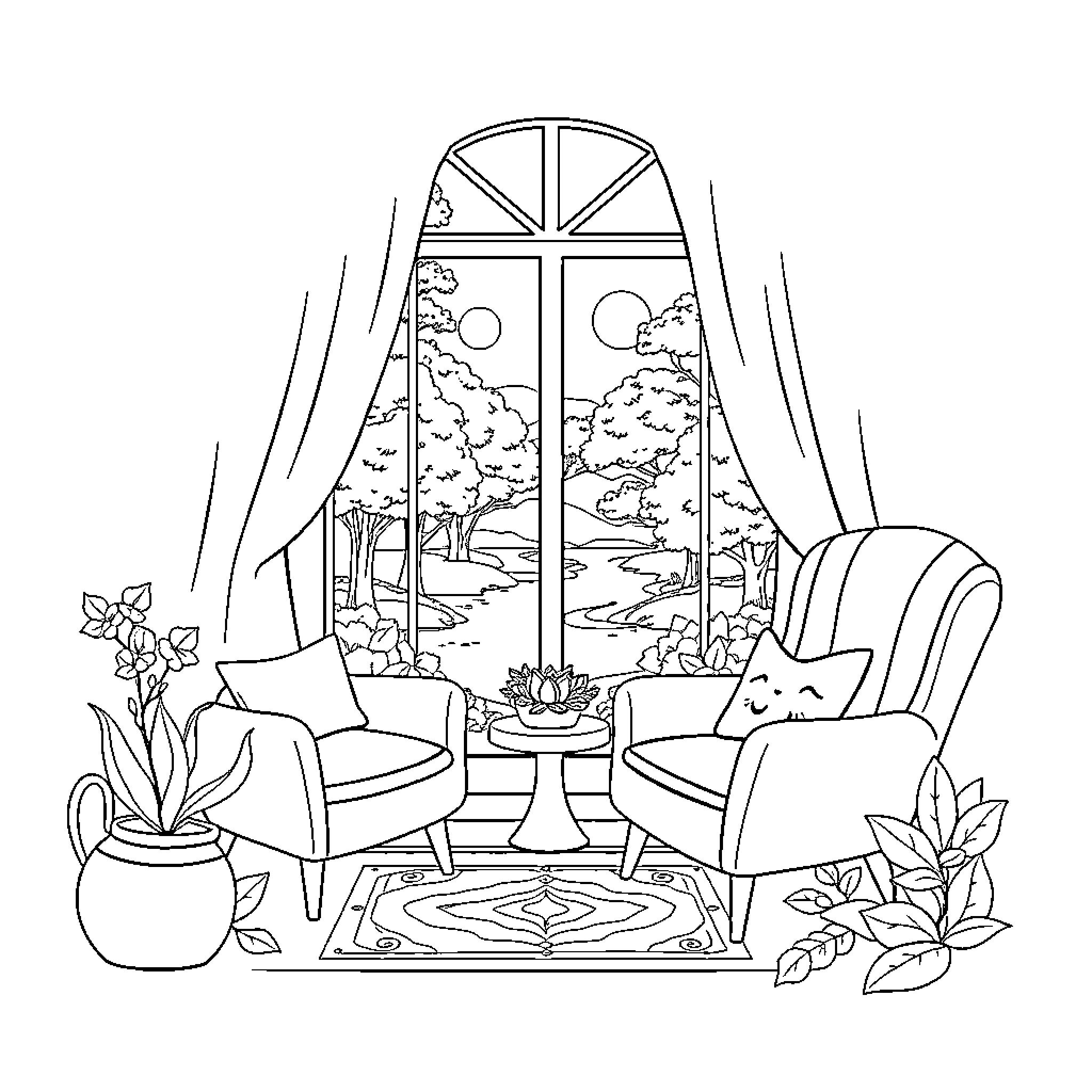 Mindfulness in a Serene Indoor Oasis Coloring Page (free black-and-white line drawing printable PDF for all, from beginners to advanced learners, including children, teens, adults, and seniors)