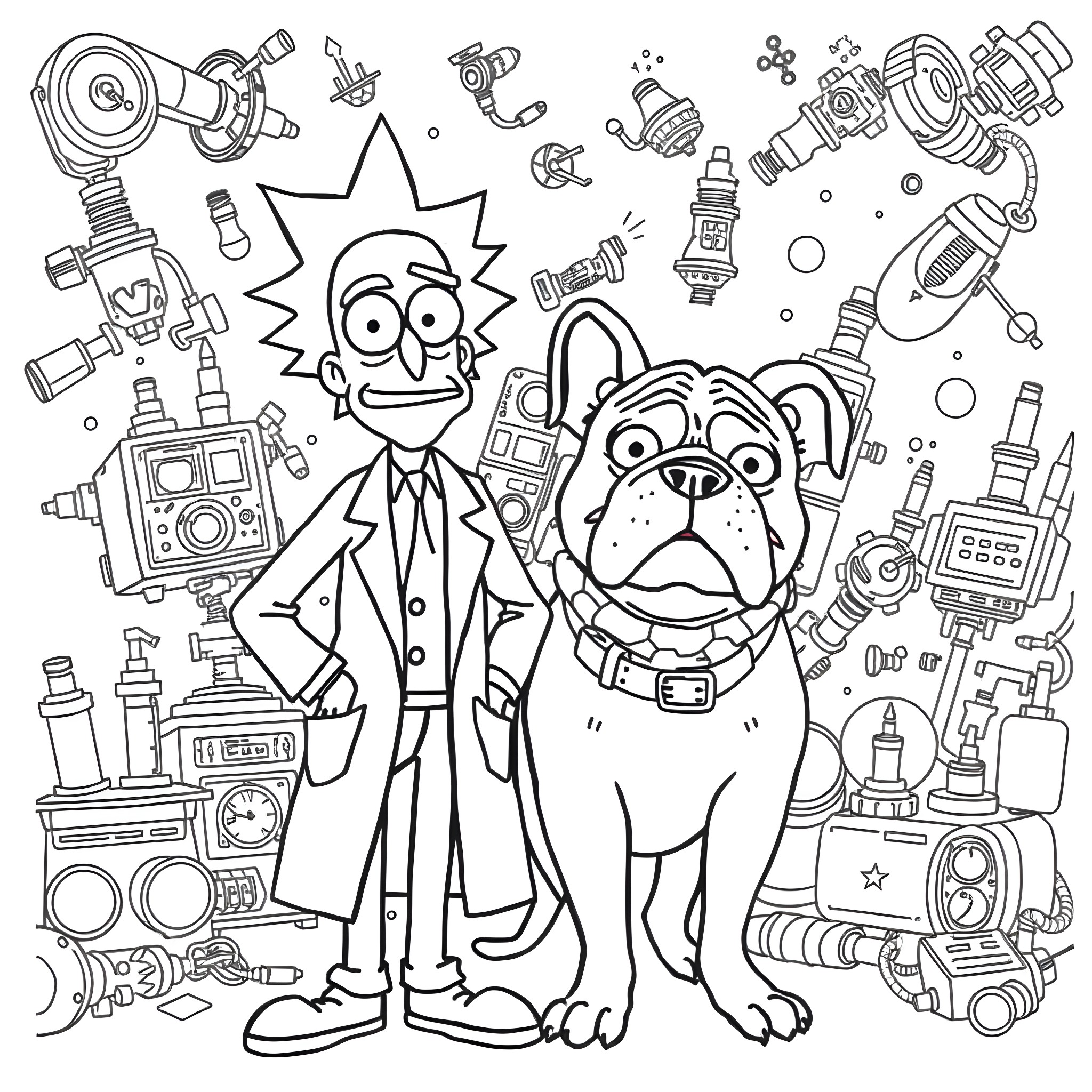 Rick Sanchez and his canine companion in a world of technology Coloring Page (free black-and-white line drawing printable PDF for all, from beginners to advanced learners, including children, teens, adults, and seniors)