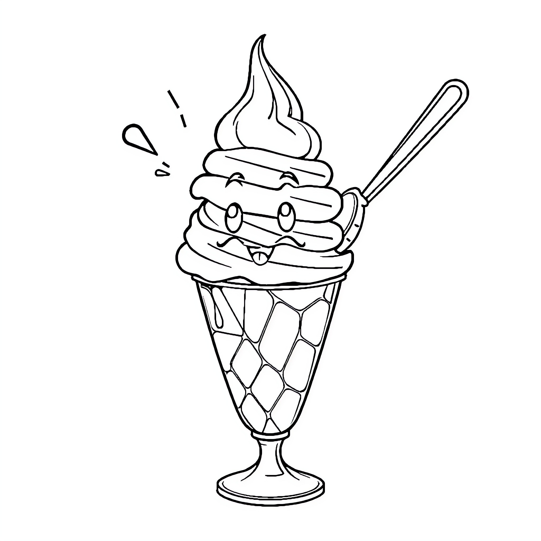Ice Cream Sundae with a Playful Expression Coloring Page (free black-and-white line drawing printable PDF for all, from beginners to advanced learners, including children, teens, adults, and seniors)