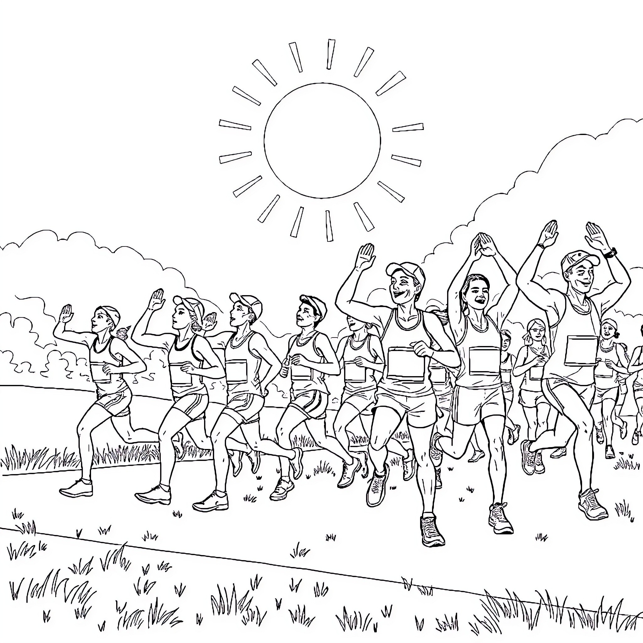 Runner cheering on energetic group in outdoor race Coloring Page (free black-and-white line drawing printable PDF for all, from beginners to advanced learners, including children, teens, adults, and seniors)